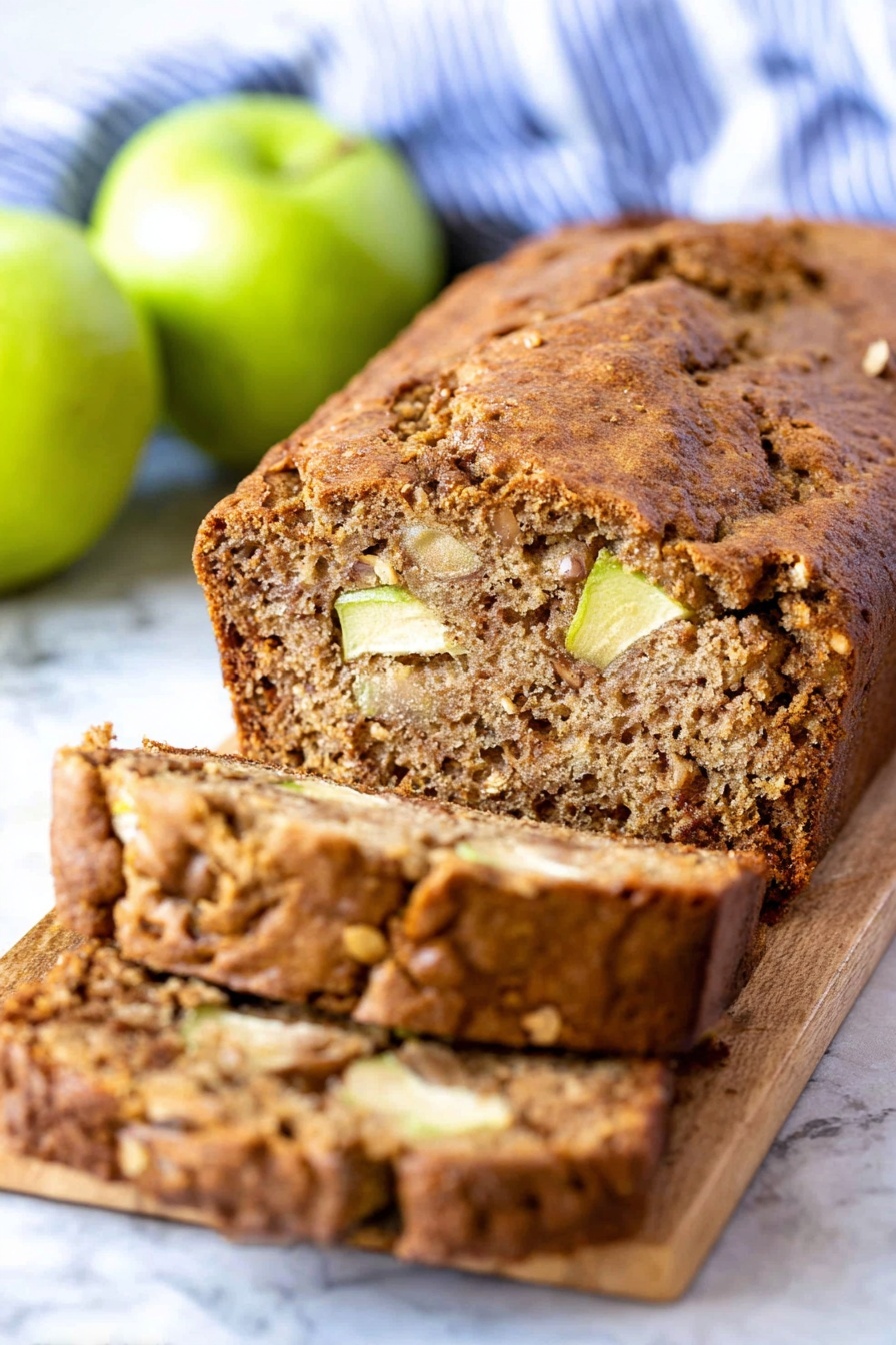 Moist Cinnamon Apple Bread, cinnamon apple bread, fall apple bread, moist apple bread, cozy cinnamon bread - A loaf of brown apple bread with a textured crust sits on a wooden board over a white marbled surface. The bread is sliced, showing two thick slices in front of the loaf with visible small chunks of light green apple inside. Behind the bread are shiny green apples slightly out of focus, and a blue and white striped cloth in the background adds soft detail. The bread's crust looks slightly rough with small cracks, and the inside is dense but soft with apple pieces spread throughout. photo taken with an iphone --ar 2:3 --v 7
