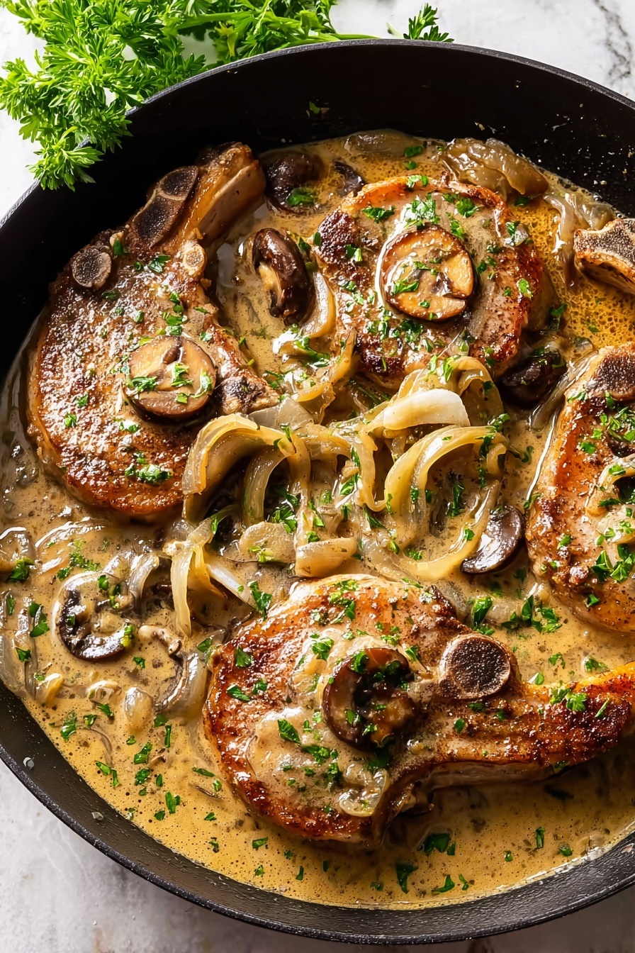 Easy Smothered Pork Chops, smothered pork chops with gravy, savory pork chop dinner, comforting pork chop recipes, easy pork chop recipe - A black pan filled with four cooked pork chops, each with a browned and slightly crispy surface, partially covered by a creamy light brown sauce. On top and around the chops are light-colored cooked onion strips and small brown mushroom slices. The dish is sprinkled with small pieces of bright green chopped herbs. The pan is set on a white marbled surface with a sprig of fresh green parsley in the background. Photo taken with an iphone --ar 2:3 --v 7