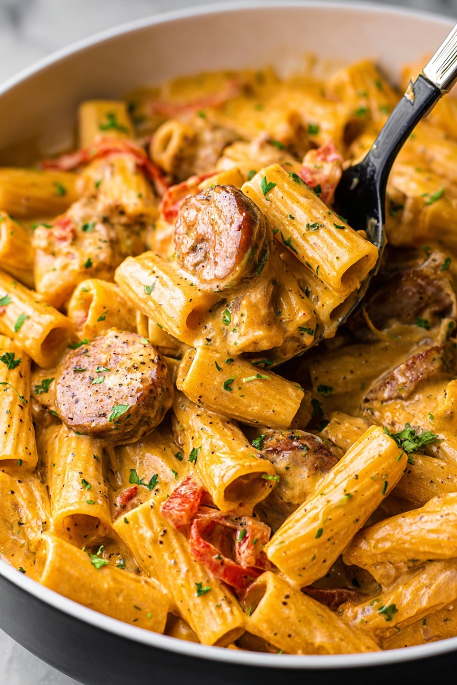 One Pot Creamy Cajun Sausage Pasta, Cajun sausage pasta, creamy Cajun pasta, easy Cajun sausage dinner, one pot pasta recipes - The image shows a close-up of a large white bowl filled with creamy rigatoni pasta mixed with slices of browned sausage and small pieces of red bell pepper. The sauce is smooth and orange, coating each piece of pasta evenly. The dish is sprinkled with green herbs and black pepper, adding specks of color on top. A black serving spoon with a silver handle scoops some pasta from the bowl, holding a few rigatoni pieces, sausage slices, and red pepper in the center. The background is a white marbled texture. photo taken with an iphone --ar 2:3 --v 7
