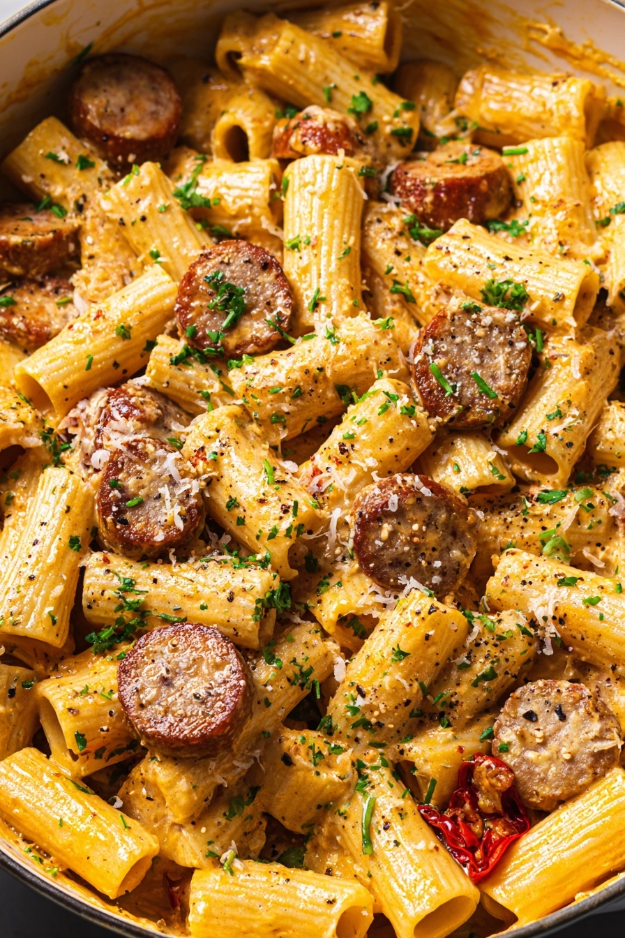 One Pot Creamy Cajun Sausage Pasta, Cajun sausage pasta, creamy Cajun pasta, easy Cajun sausage dinner, one pot pasta recipes - The image shows a close-up view of rigatoni pasta mixed with creamy orange sauce and sliced browned sausage pieces scattered throughout. The pasta tubes are coated well with sauce and sprinkled with finely chopped green herbs and black pepper flakes, adding a contrast of green and dark spots on the yellow pasta. The sausage slices have a browned, slightly crispy texture with a rich, cooked meat color. There are small bits of red, likely roasted red peppers or tomatoes, adding another layer of color and texture to the dish. The pasta is in a white pot with part of the white marbled surface visible around the pot edge. photo taken with an iphone --ar 2:3 --v 7