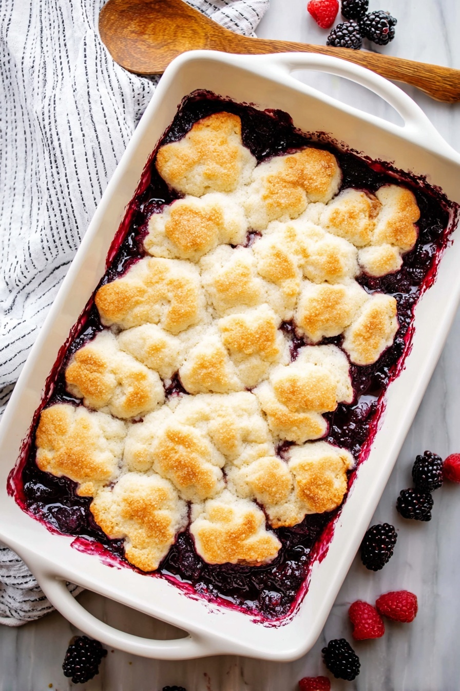 Old Fashioned Blackberry Cobbler, blackberry cobbler recipe, Southern blackberry dessert, berry cobbler with biscuit topping, easy blackberry cobbler - The image shows a white rectangular baking dish filled with a fruit cobbler. The bottom layer is a deep purple-black berry filling with a shiny, thick texture, visible along the edges where it has bubbled up. The top layer is a golden-brown biscuit crust with irregular, soft, and fluffy pieces covering the fruit underneath. The crust has a light toasted look, with patches of darker golden brown. The baking dish is placed on a white marbled surface, next to a wooden spoon and scattered fresh berries. A white cloth with thin black stripes is partly visible behind the dish. Photo taken with an iphone --ar 2:3 --v 7