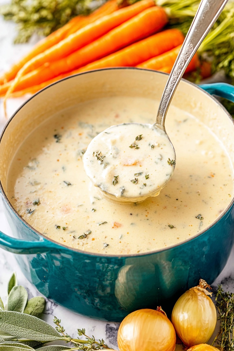 Creamy Chicken Soup, hearty chicken soup, homemade chicken soup, comforting chicken soup, easy chicken soup - A close-up view of a thick creamy soup in a deep teal pot with two handles, showing one scoop raised by a metal ladle in the center. The soup is off-white with small bits of vegetable pieces and herbs spread evenly, giving a lightly speckled look. The pot sits on a white marbled surface surrounded by small yellow onions and fresh sage leaves on the left and a bunch of orange carrots with green tops in the blurry background above. Photo taken with an iphone --ar 2:3 --v 7