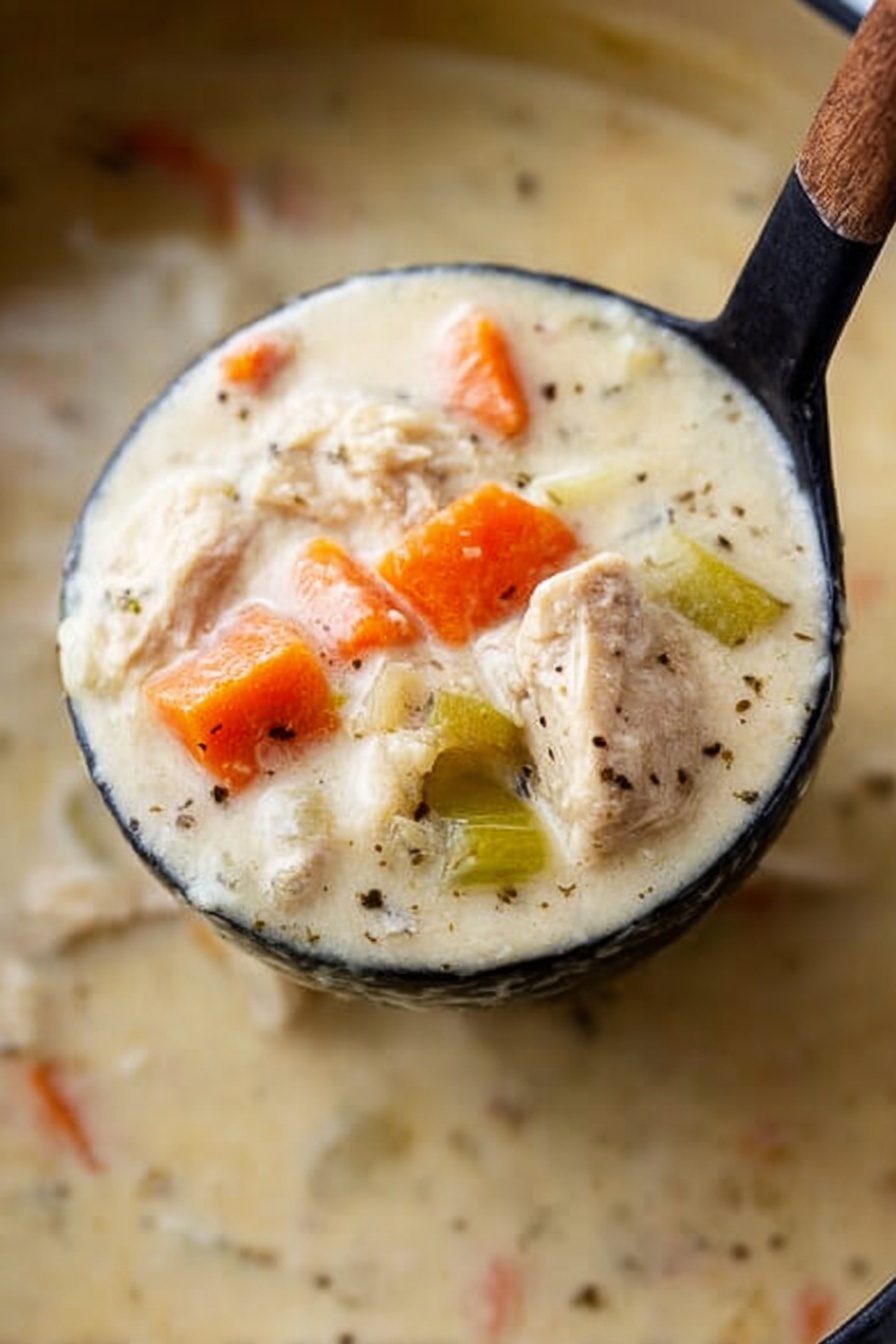 Creamy Chicken Soup, hearty chicken soup, homemade chicken soup, comforting chicken soup, easy chicken soup - A close-up of a black ladle holding thick creamy soup filled with chunky pieces of orange carrots, pale green celery, and light beige tender meat. The soup has a smooth, light cream base with small black pepper specks scattered throughout. The background features a white marbled texture with some of the soup visible in a pot. The texture looks rich and velvety. photo taken with an iphone --ar 2:3 --v 7