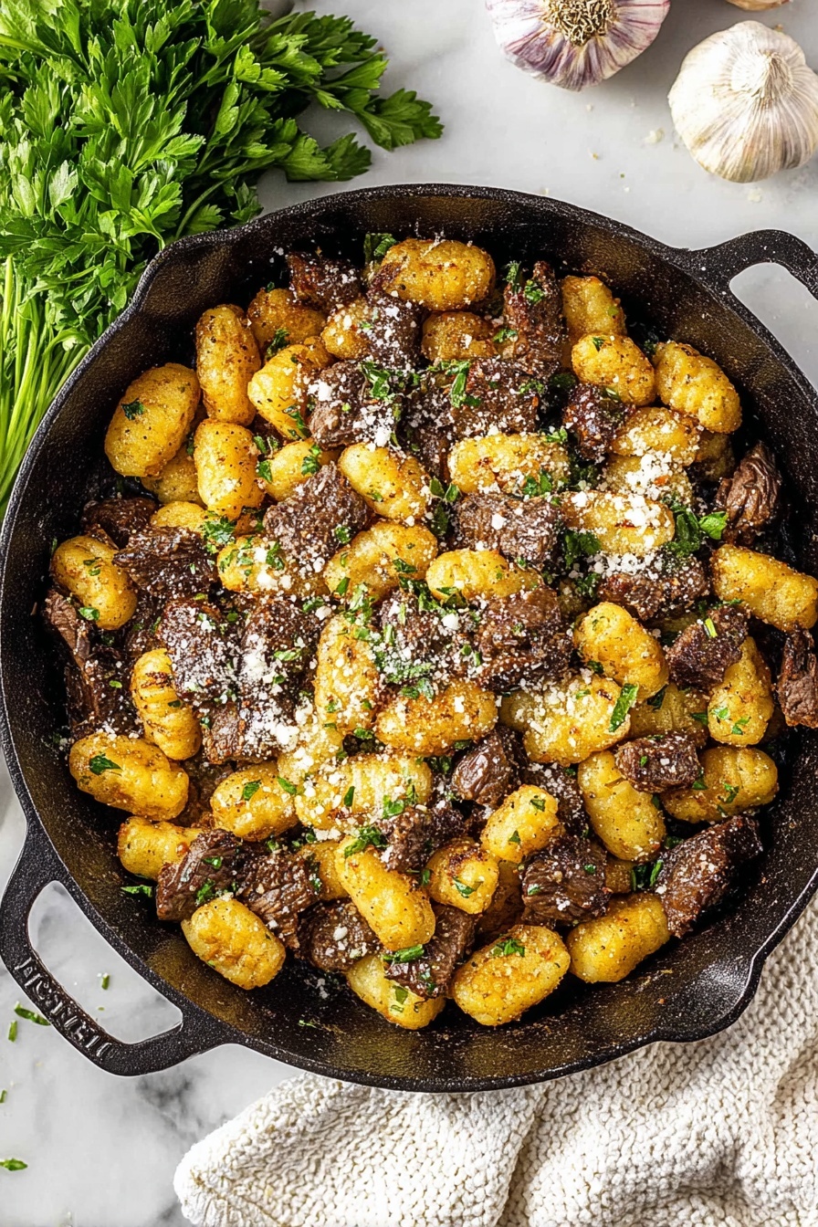 Steak Bites with Gnocchi in Garlic Parmesan Sauce, garlic parmesan steak and gnocchi, easy steak and gnocchi dinner, quick gourmet steak dish, flavorful steak bites recipe - A large black cast iron pan is filled with golden brown gnocchi and tender dark brown beef pieces mixed evenly. The gnocchi pieces have a crispy texture with some darker roasted spots, while the beef chunks are seared with a rough surface. The dish is sprinkled with grated white cheese and small chopped green herbs. The pan is placed on a white marbled surface, with fresh green parsley in the top left corner and two whole garlic heads at the bottom right. A white textured cloth is partly visible behind the pan near the top right corner. Photo taken with an iphone --ar 2:3 --v 7