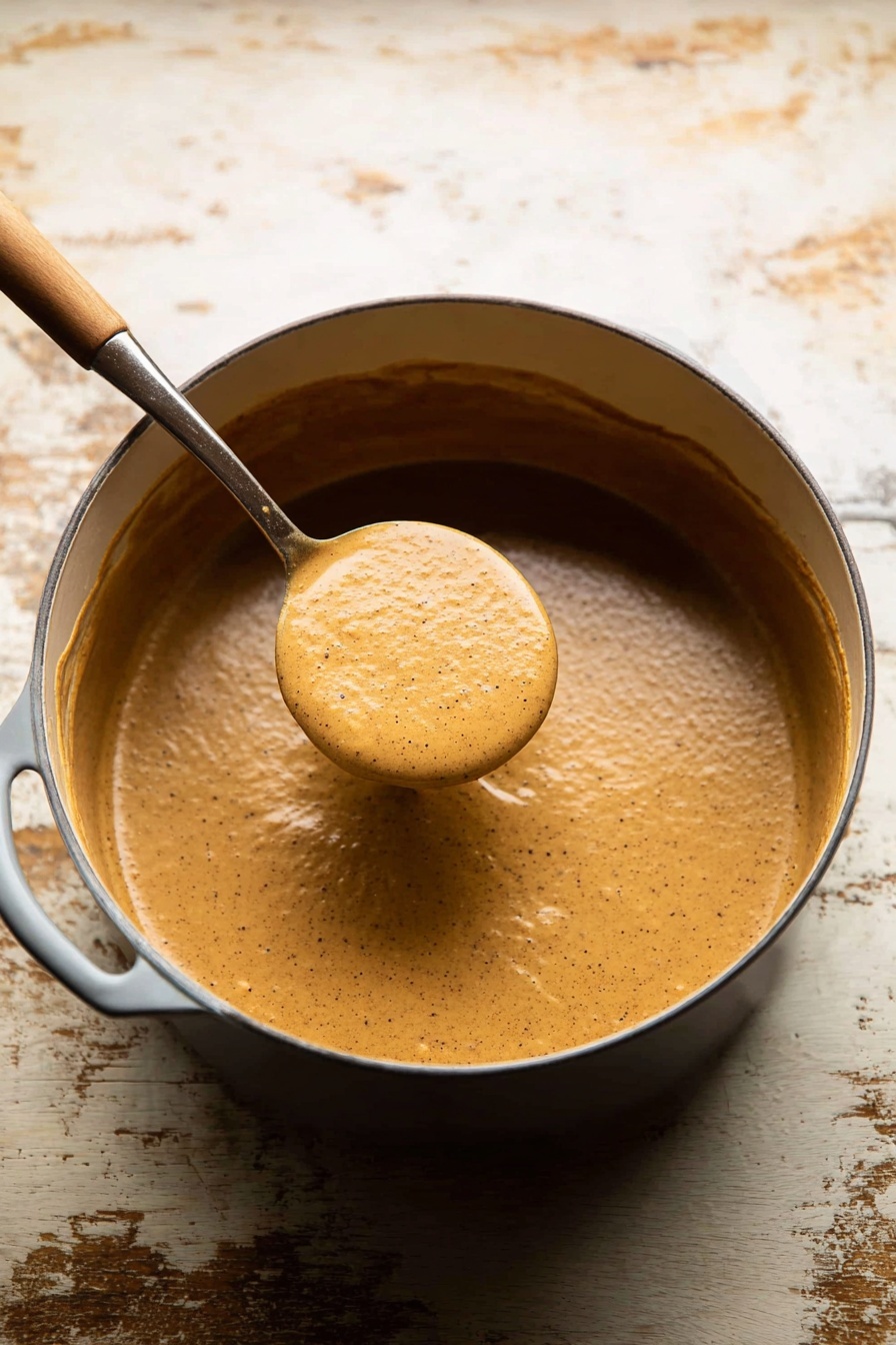 Roasted Cauliflower Soup, healthy roasted cauliflower soup, creamy cauliflower soup without dairy, cozy vegetable soup recipes, easy roasted cauliflower soup - A large gray pot filled with a smooth, thick, light brown sauce that has tiny dark specks dispersed evenly throughout. The sauce coats the sides of the pot, showing a slightly glossy texture. A silver ladle with a wooden handle lifts a rounded scoop of the sauce, showing its dense and creamy consistency. The pot rests on a rustic white marbled surface with some worn and darker patches. photo taken with an iphone --ar 2:3 --v 7