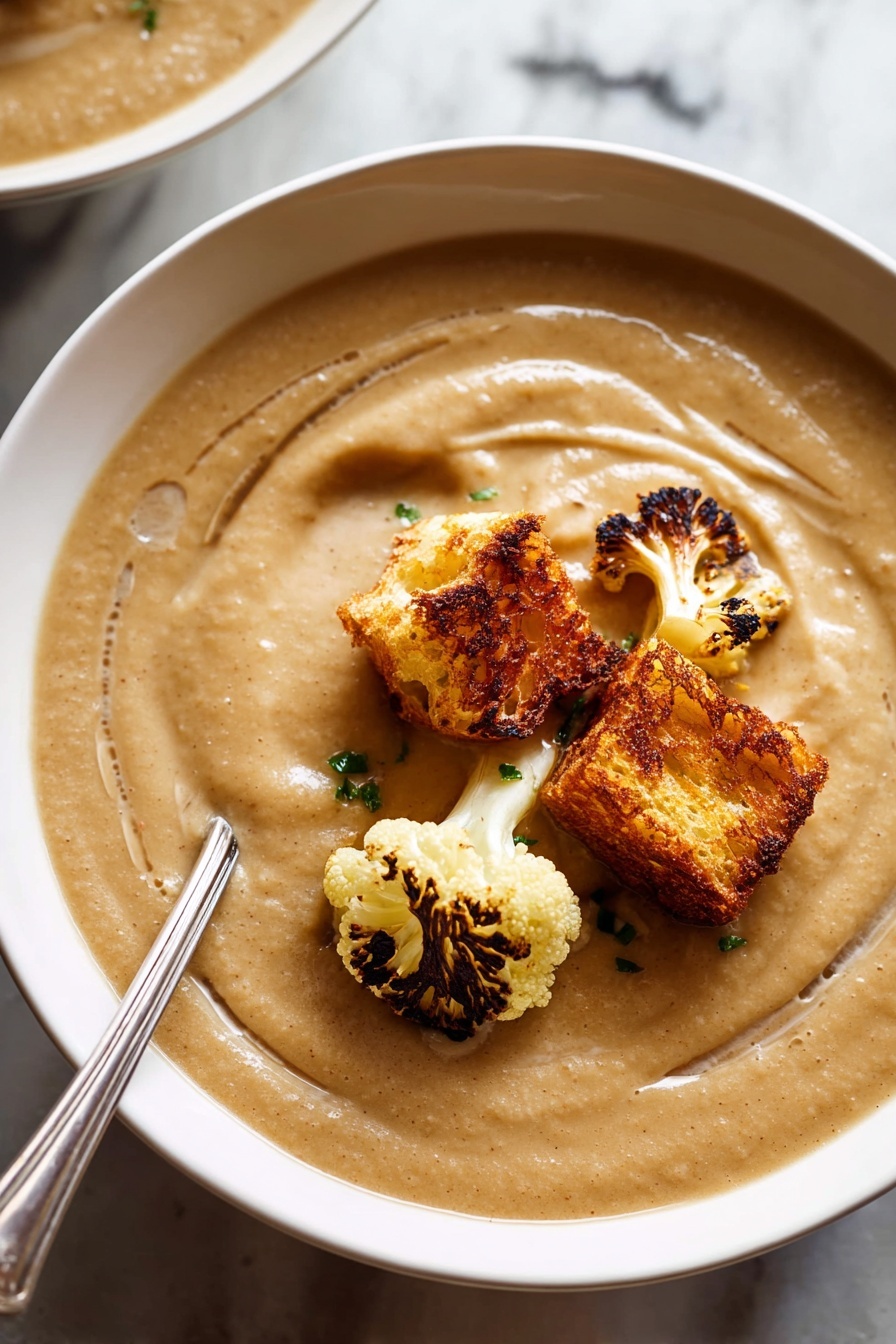 Roasted Cauliflower Soup, healthy roasted cauliflower soup, creamy cauliflower soup without dairy, cozy vegetable soup recipes, easy roasted cauliflower soup - A creamy light brown soup fills a white bowl, its smooth texture showing gentle swirls across the surface. On top, two pieces of golden-brown crispy croutons rest, adding a rough and crunchy contrast. Next to them, a small roasted cauliflower floret with charred black and dark brown spots adds texture and color. Part of a silver spoon is visible on the left side, resting in the soup. The bowl is set on a surface with a white marbled texture. photo taken with an iphone --ar 2:3 --v 7