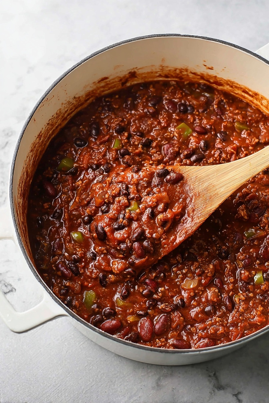 Lentil Chili, vegetarian chili recipe, vegan chili, healthy lentil stew, easy chili recipe - Inside a white pot filled with thick chili, the dish shows a rich reddish-brown sauce with visible textures of black beans, chopped onions, and small green pepper pieces. The chunky chili has layers of tender beans and bits of cooked vegetables all mixed in the thick sauce. A wooden spoon dips into the chili, picking up a scoop full, highlighting the moist and hearty mixture. The pot sits on a white marbled surface, and some sauce marks are visible near the pot’s rim. photo taken with an iphone --ar 2:3 --v 7
