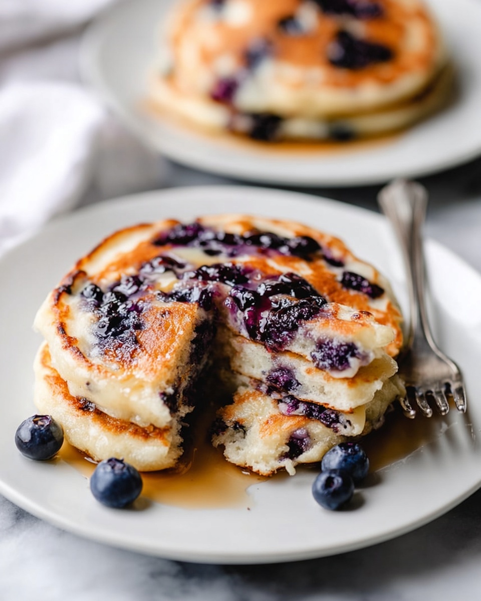 Vegan Blueberry Pancakes, plant-based breakfast, dairy-free pancakes, fluffy vegan pancakes, blueberry pancake recipe - A white plate holds three thick, round pancakes stacked slightly overlapping. The pancakes have a light golden-brown color with dark purple blueberry spots spread across each one. The surface shows a moist, soft texture with some melted butter glistening on top. A silver fork with an ornate handle rests on the left side of the plate. The plate sits on a white marbled surface, and some loose blueberries are scattered nearby. In the blurred background, another white plate with more blueberry pancakes is visible. photo taken with an iphone --ar 2:3 --v 7