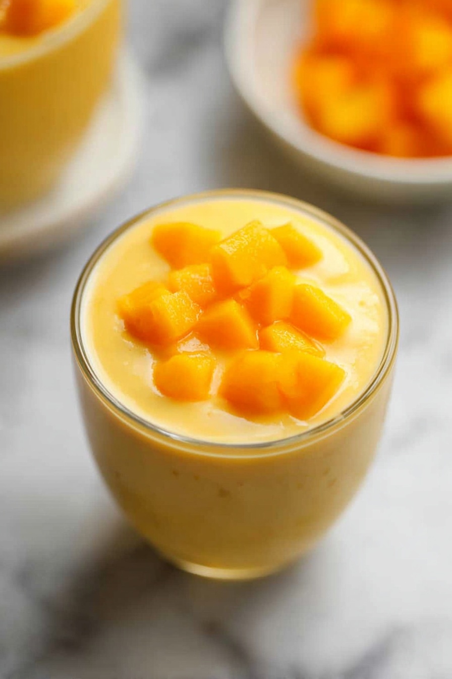 Creamy Mango Smoothie, tropical fruit smoothie, easy mango smoothie, healthy mango drinks, quick breakfast smoothies - A small clear glass filled with a creamy yellow mango pudding topped with small bright orange mango cubes on one side of the surface. The pudding has a smooth, slightly thick texture and fills the glass close to the top. The glass sits on a white marbled surface, and the focus is on the top part of the glass with blurred background elements that include another bowl and some fruit. photo taken with an iphone --ar 2:3 --v 7