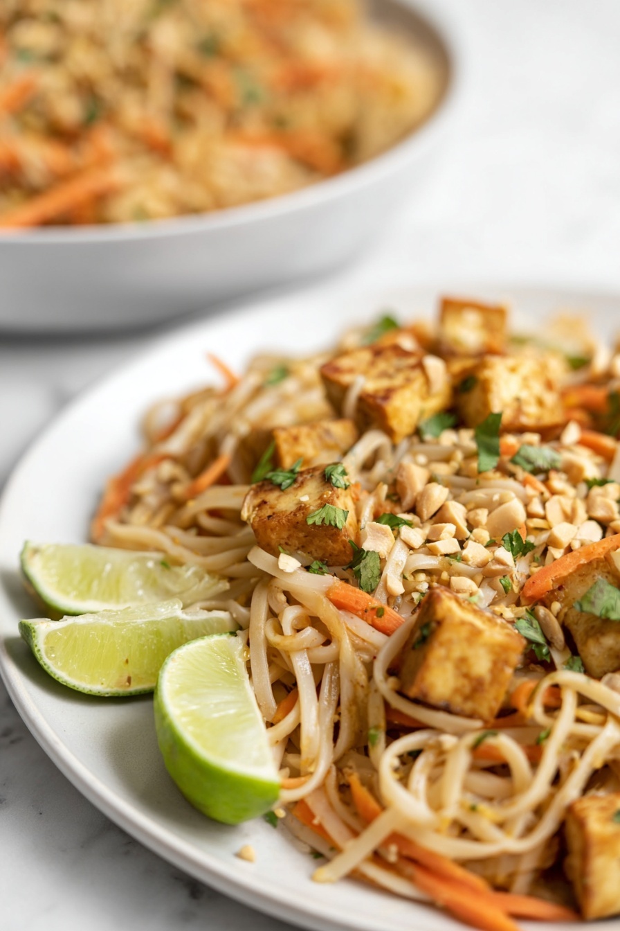 Vegan Pad Thai, Vegan Pad Thai noodles, Plant-based Pad Thai, Vegan Thai stir-fry, Vegan noodle recipes - This image shows a close-up of a dish with three main layers: at the bottom are light tan thin noodles mixed with thin orange carrot strips, then on top are small golden brown tofu cubes scattered throughout, with a few chopped green herbs and crushed peanuts sprinkled all over. In the background, there is a blurred white bowl filled with the same noodles and tofu. On the side of the plate, there are two lime wedges—one green and one light yellow—standing upright. The whole scene is set on a white marbled surface. photo taken with an iphone --ar 2:3 --v 7