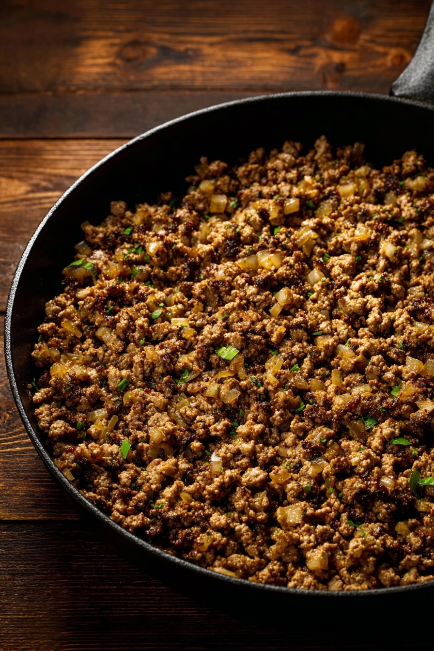 Tofu Lettuce Wraps, healthy tofu lettuce wraps, vegan lettuce wraps, easy tofu wraps, crispy tofu recipes - A close-up view of a large black skillet filled with a cooked mixture of ground meat and small diced brown vegetables and green herbs, evenly spread out inside it, showing crumbly texture with some moist parts. The skillet sits on a wooden surface with dark brown tones. The food has a warm, rich brown color with hints of lighter beige and green pieces scattered evenly. Photo taken with an iphone --ar 2:3 --v 7