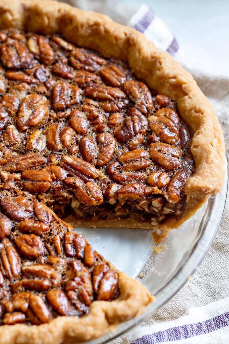 Virginia Peanut Pie, Southern peanut pie, peanut dessert, homemade peanut pie recipe, easy peanut pie - A close-up view of a pecan pie on a white marbled surface shows a golden brown crust with crimped edges forming the pie shell. Inside, a filling full of whole, shiny pecans in a rich, glossy caramel-colored layer is visible. The top layer is made of densely packed pecans, toasted to a warm brown color with some darker spots. Part of the pie is sliced, revealing the pie's filling held together beneath the pecans. The pie is on a clear glass pie dish resting on a beige cloth with white and purple stripes. Photo taken with an iphone --ar 2:3 --v 7