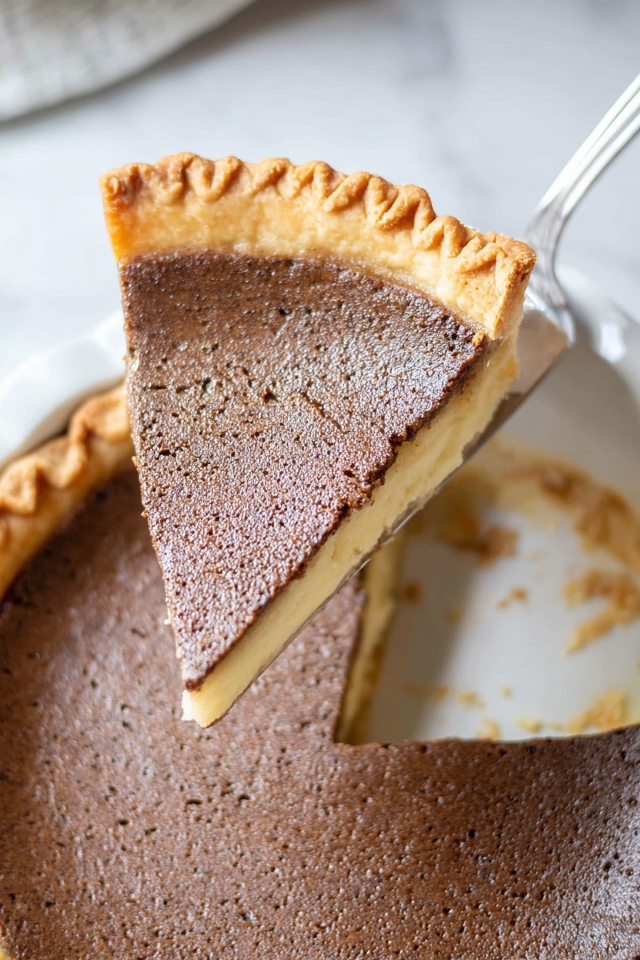 Bob Andy Pie, Southern dessert recipes, custard pie with spices, easy pie recipes, nostalgic dessert ideas - The image shows a slice of pie with three visible layers: a light golden brown flaky crust on the outer edge, a dark brown smooth but slightly porous custard-like filling in the middle, and a thin crust base under the filling. The slice is held above the remaining pie on a silver pie server, revealing the same dark brown custard filling and crust around the edges in a white pie dish. The pie and slice sit on a white marbled surface. Photo taken with an iphone --ar 2:3 --v 7