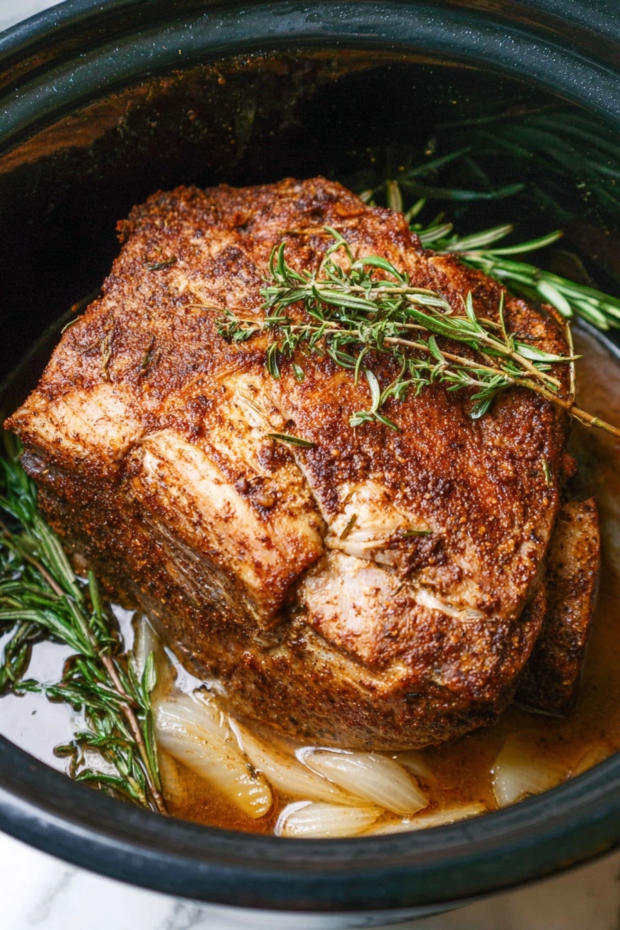 Slow Cooker Turkey Breast with Herb Seasoning and Garlic Onions, turkey breast slow cooker recipe, easy slow cooker turkey, tender turkey breast recipe, herb turkey breast slow cooker - A sliced roasted piece of white meat with a brown outer crust sits on a bed of cooked onion slices, halved roasted garlic, and fresh sprigs of rosemary and thyme inside a dark pan. The meat is thick, with a juicy, firm inside that contrasts with its slightly crispy browned edge. The onions look soft and lightly browned, while the garlic reveals golden cloves. The green herbs add a fresh touch around the meat. The background surface is white marble. photo taken with an iphone --ar 2:3 --v 7