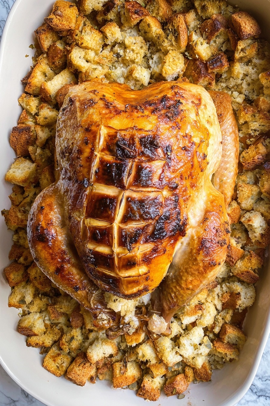 Sheet Pan Turkey and Stuffing, turkey and stuffing dinner, easy holiday casserole, one-pan turkey recipe, cozy weeknight meal - A baked whole turkey is placed in the center of a white baking dish, with its skin crispy and golden brown with some darker brown spots, showing a grid pattern of shallow cuts on the top. Surrounding the turkey is a thick layer of stuffing made of chunky bread pieces that are golden and slightly browned with some darker bits and a rough, uneven texture. The stuffing fills the entire space around the turkey, touching the edges of the dish. The background underneath the dish has a white marbled texture. Photo taken with an iphone --ar 2:3 --v 7