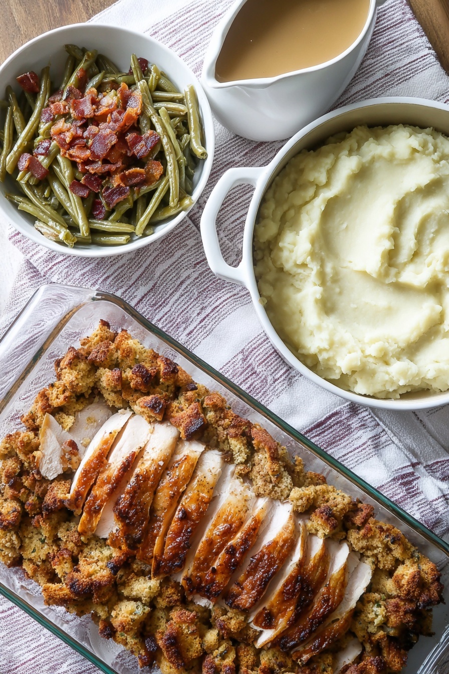 Sheet Pan Turkey and Stuffing, turkey and stuffing dinner, easy holiday casserole, one-pan turkey recipe, cozy weeknight meal - A white plate holds a meal with four main parts. The first layer is creamy white mashed potatoes placed on the left side of the plate with a smooth texture. On top to the right, there is a portion of green beans that are dark green, soft, and mixed with small browned bits. Below the green beans are chunks of golden brown stuffing with a crispy, rough texture. Above the stuffing and mashed potatoes are two thick slices of roasted white meat with golden-brown edges, covered by a smooth, light brown sauce that drips slightly over the sides. The plate sits on a white marbled surface. Photo taken with an iphone --ar 2:3 --v 7