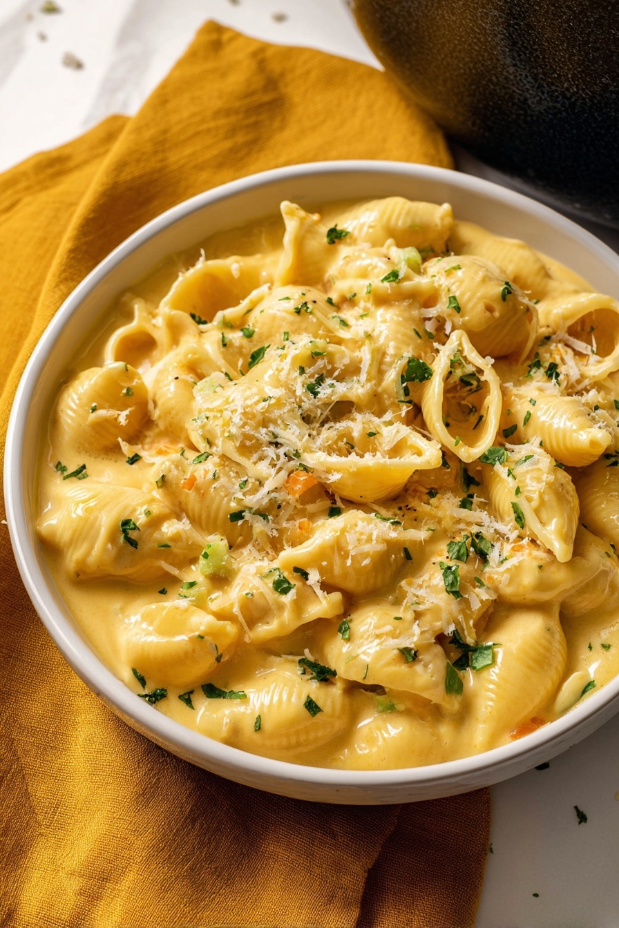 Creamy Mac & Cheese Soup, cheesy soup recipes, easy comfort food, hearty pasta soup, cozy cheese soup - This image shows a white bowl full of creamy pasta with shell-shaped noodles covered in a thick, smooth yellow cheese sauce. Small chopped green herbs are sprinkled on top, along with a light dusting of grated cheese. Pieces of green and orange vegetables are mixed into the sauce, adding little pops of color. The bowl sits on a soft mustard yellow cloth, and part of a dark pot is visible in the upper right corner. The background is a white marbled surface. photo taken with an iphone --ar 2:3 --v 7