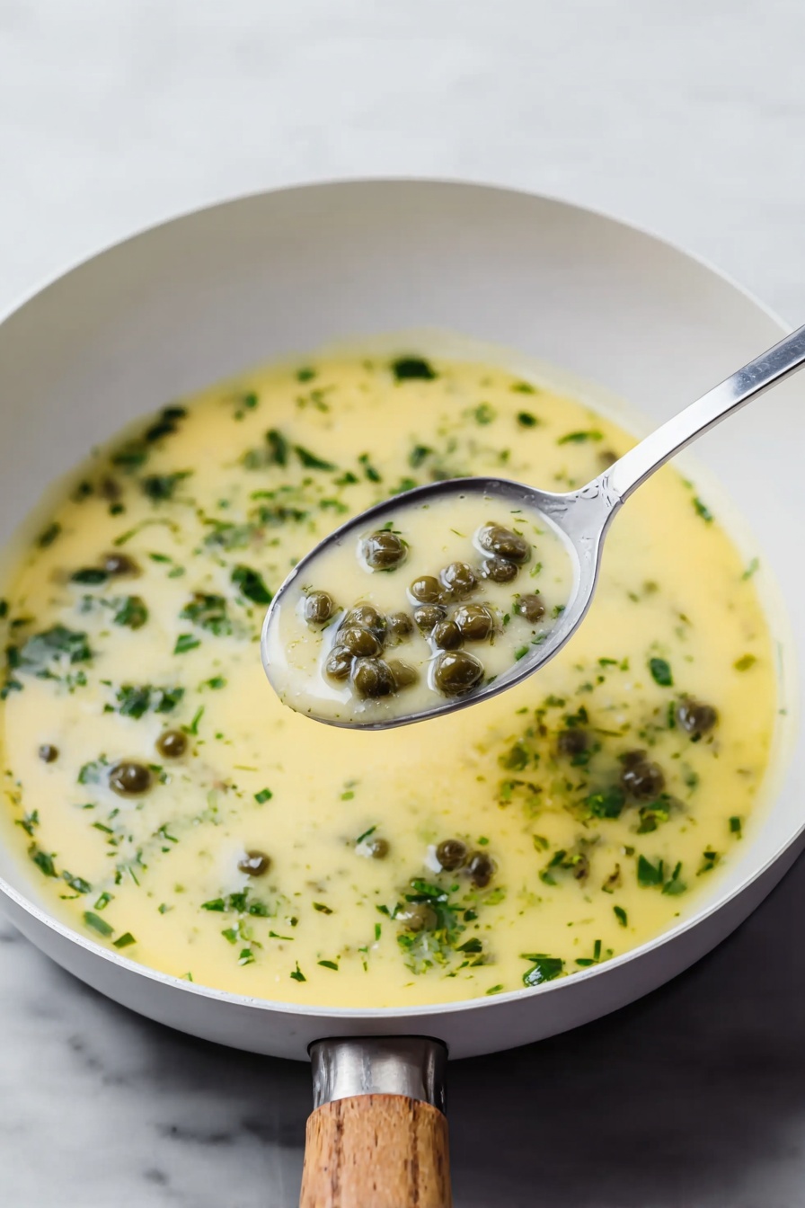 Lemon Caper Sauce, Lemon Caper Sauce recipe, easy lemon caper sauce, tangy butter sauce, versatile seafood sauce - A white bowl filled with a creamy light yellow soup, dotted with small round green capers and sprinkled with fresh chopped green herbs. A silver spoon lifts a portion of the soup, showing the smooth texture with capers and small bits of herbs. The bowl rests on a white marbled surface with a blurred light background. Photo taken with an iphone --ar 2:3 --v 7