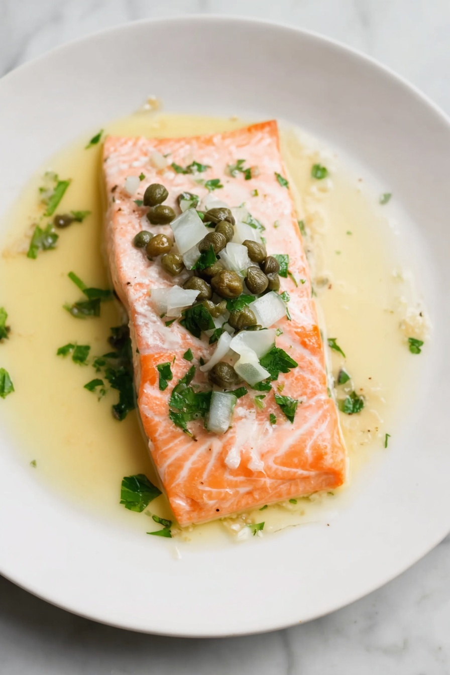 Lemon Caper Sauce, Lemon Caper Sauce recipe, easy lemon caper sauce, tangy butter sauce, versatile seafood sauce - A single piece of cooked salmon fillet lies flat on a white plate with visible light pink-orange color and soft white lines from cooking. On top of the salmon, there is a small layer of chopped white onions, green parsley pieces, and several small green capers scattered in the center. The salmon sits in a thin layer of light yellow sauce that spreads slightly on the plate around it. The background is a white marbled surface. photo taken with an iphone --ar 2:3 --v 7