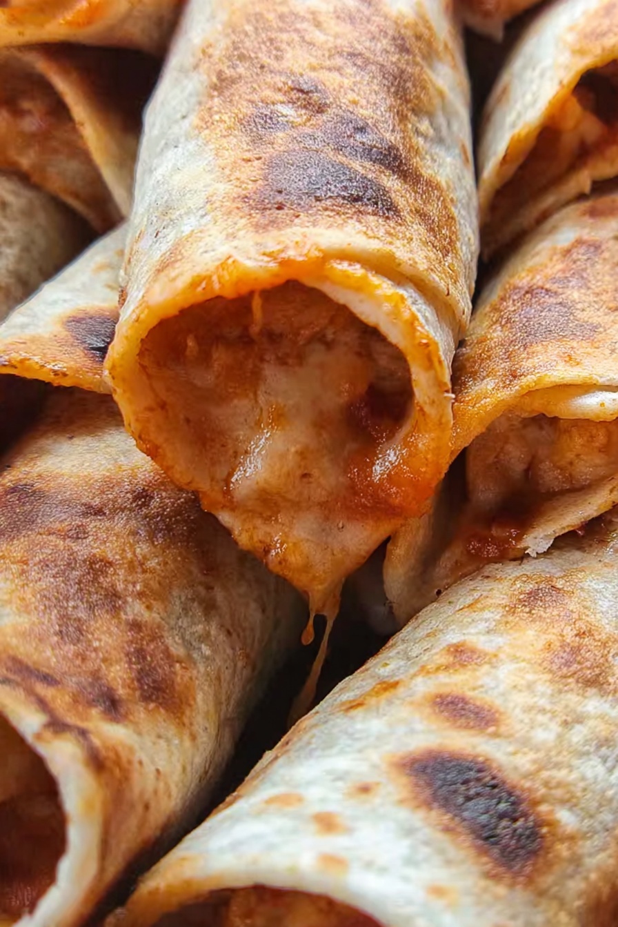 Air Fryer Pizza Rolls, pizza rolls, easiest snack ideas, quick party appetizers, healthy snack recipes - The image shows a close-up of rolled tortillas filled with melted cheese and sauce. Each tortilla is light brown with some dark spots from cooking, and the cheese inside is orange with a stringy texture stretching slightly out of one tortilla. The tortillas are packed close together, and the background is out of focus. photo taken with an iphone --ar 2:3 --v 7