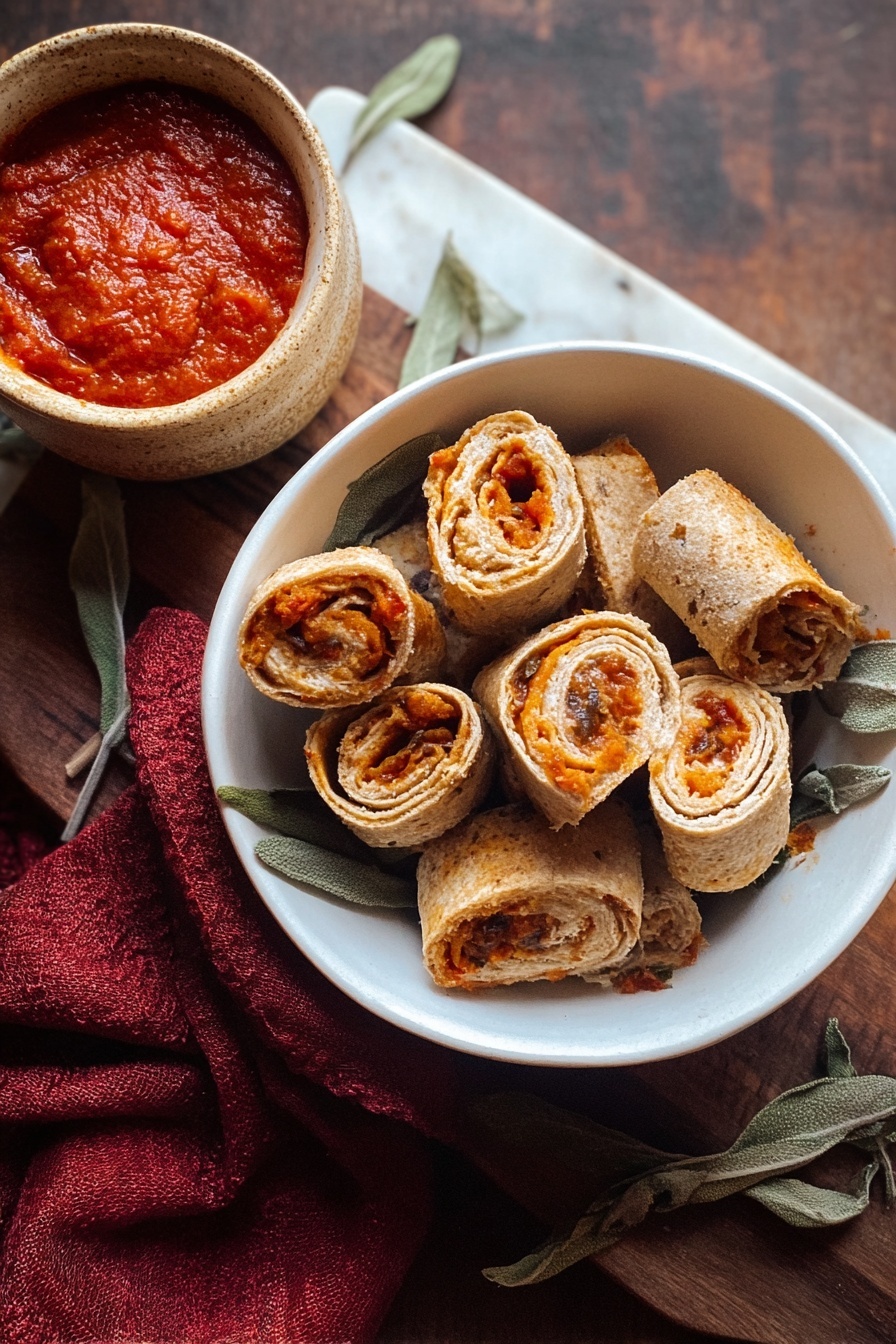 Air Fryer Pizza Rolls, pizza rolls, easiest snack ideas, quick party appetizers, healthy snack recipes - A white bowl filled with small rolled snacks that are sliced into bite-size pieces, showing layers of light brown outer wraps with visible orange-red and creamy fillings inside. Some dried green leaves are scattered around the rolls inside the bowl. Next to the bowl is a small beige cup holding thick red sauce with a textured surface. A deep red cloth is placed near the cup on a dark wooden surface that is replaced by a white marbled texture. photo taken with an iphone --ar 2:3 --v 7