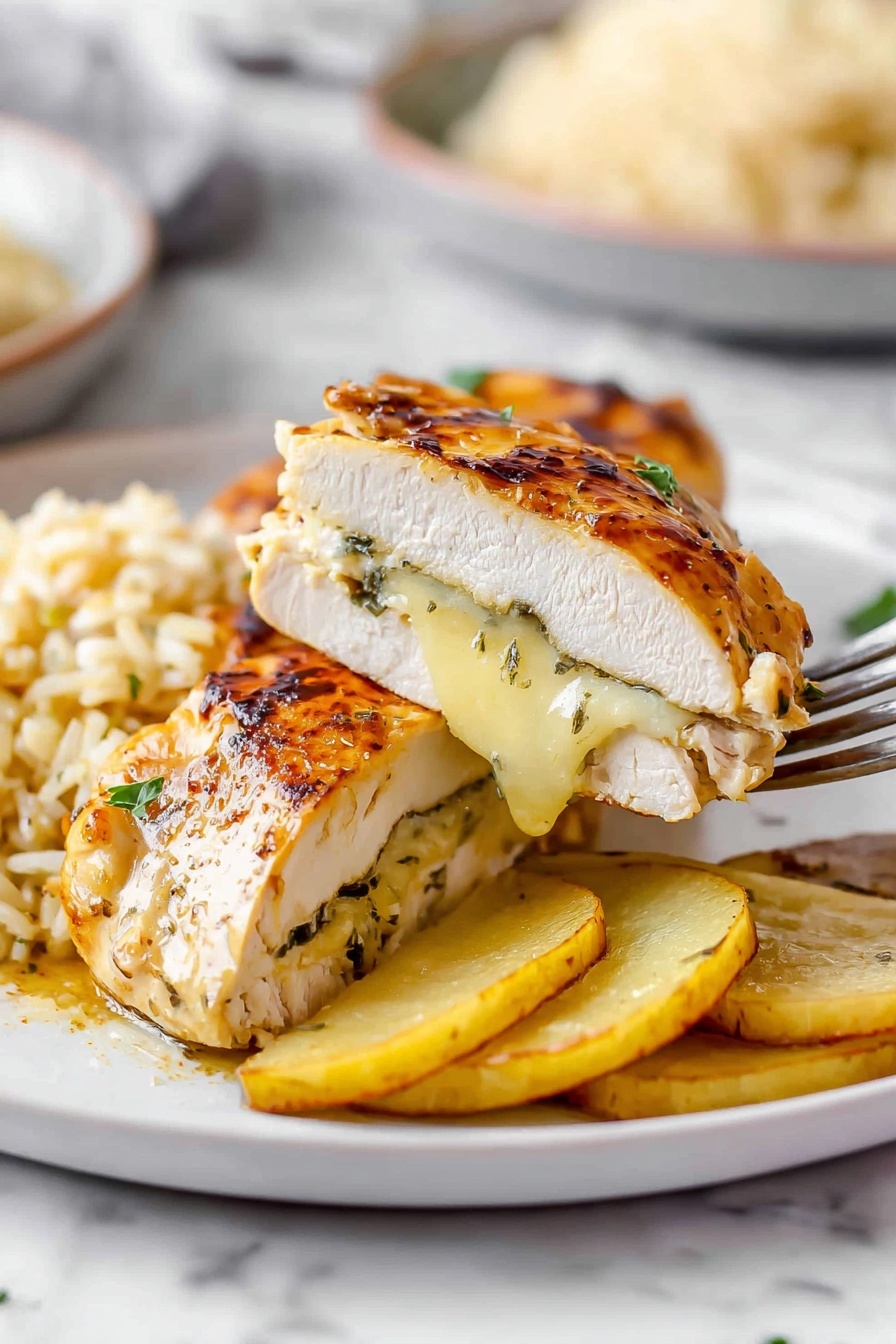 Apple and Brie Stuffed Chicken, stuffed chicken breast with apple and brie, easy stuffed chicken recipes, savory stuffed chicken ideas, quick apple and brie chicken - The image shows a close-up of three golden browned chicken pieces cooked in a creamy yellow sauce inside a black pan. Each chicken piece is stuffed with visible layers of green spinach and pale yellow sliced mushrooms, making the filling peep out from the sides. The sauce has a smooth, rich texture and pools around the chicken at the bottom of the pan. The pan sits on a wooden board, and the background has a white marbled texture with a sliced green apple and some herbs blurred in the distance. The warm light highlights the shiny glaze on the chicken, making it look tender and flavorful photo taken with an iphone --ar 2:3 --v 7