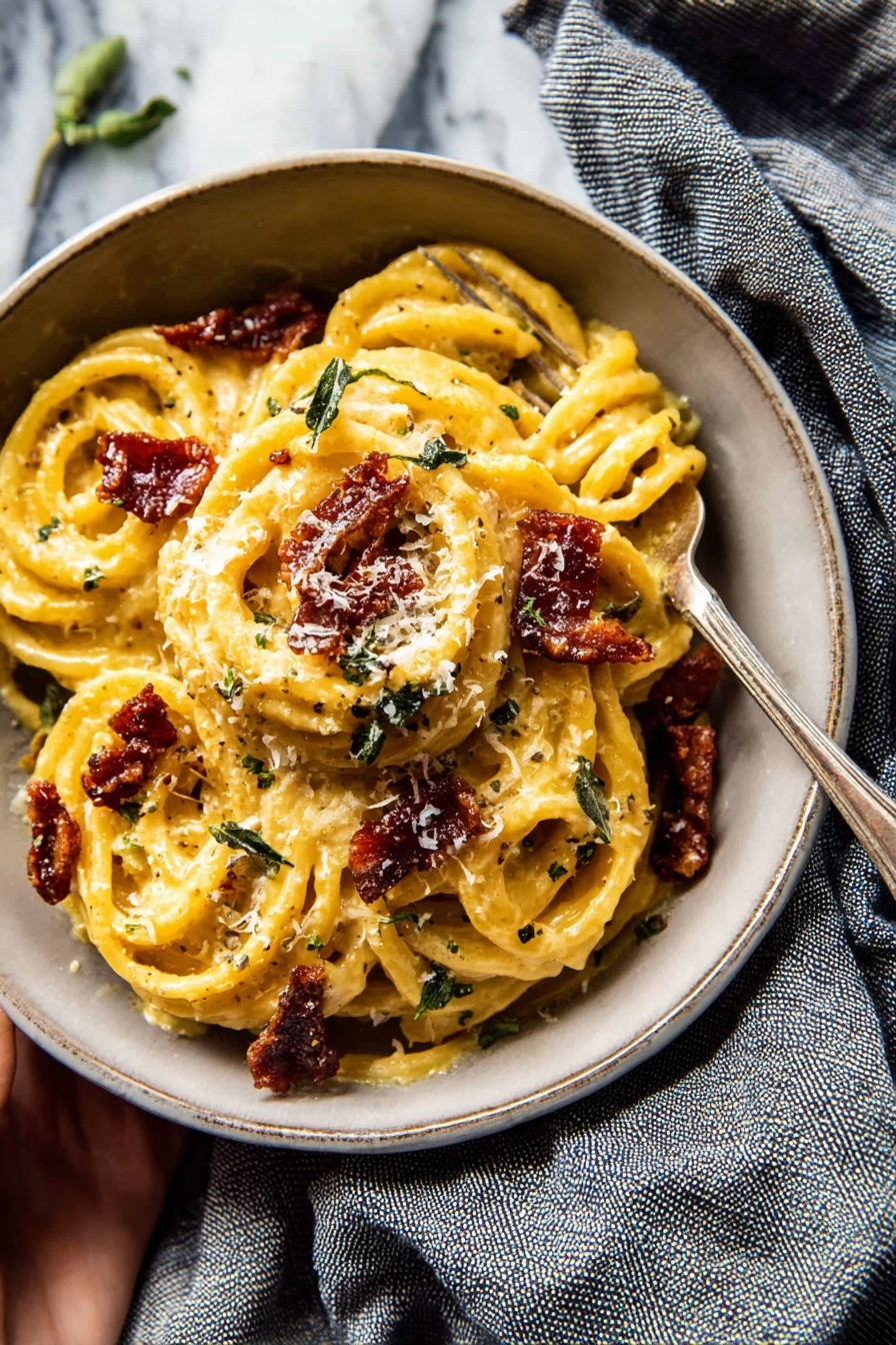 Creamy Roasted Garlic Butternut Squash Pasta, healthy vegetarian pasta, fall dinner recipes, easy seasonal pasta ideas, comforting squash pasta dish - A white bowl filled with thick, creamy yellow pasta spirals coated in a rich sauce, topped with dark reddish-brown crispy pieces and small green herb leaves scattered over the top. The pasta is piled high in the middle with sauce clinging to each spiral, and grated white cheese sprinkled on top. A silver fork rests on the edge of the bowl, and a woman's hand is holding the bowl on a white marbled surface with a soft gray and blue striped cloth nearby. Photo taken with an iphone --ar 2:3 --v 7