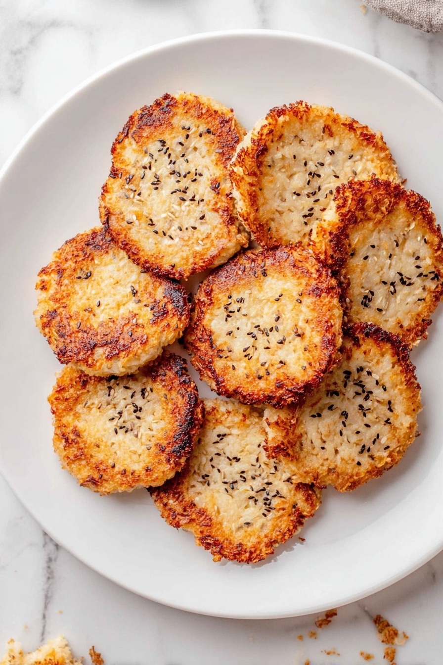 Cottage Cheese Chips, healthy cottage cheese snack, protein-packed chips, crispy cottage cheese snacks, easy healthy snack recipes - A white plate holds eight round, golden-brown patties arranged in a loose circle. Each patty has a crispy, browned edge that blends into a lighter, creamy center with visible grains or seeds inside. The tops have scattered black and white seeds, adding texture and contrast. The plate sits on a white marbled surface, and some small crumbs are visible nearby. Photo taken with an iphone --ar 2:3 --v 7