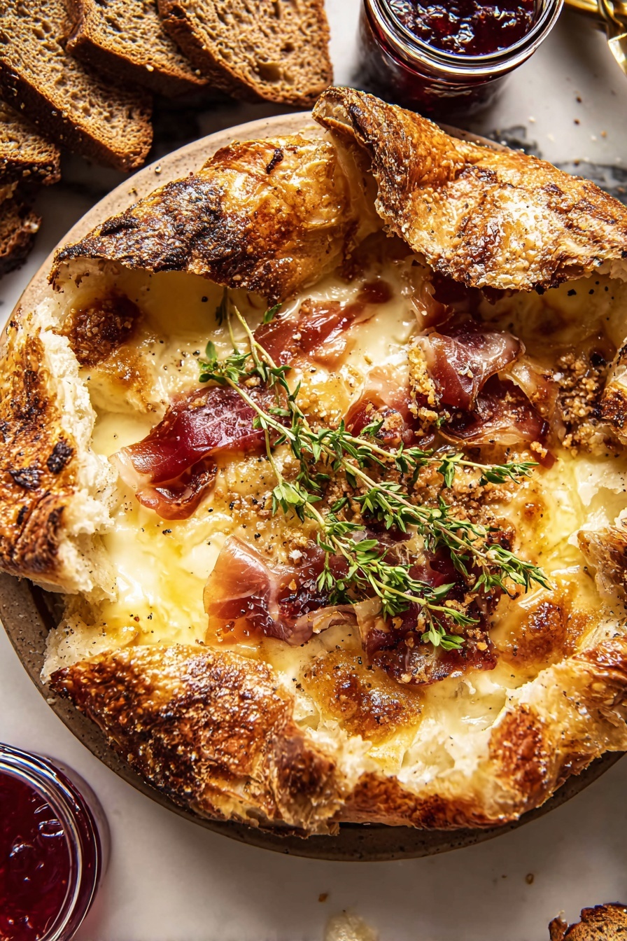 Prosciutto Baked Brie with Puff Pastry, baked brie appetizer, prosciutto wrapped cheese, holiday appetizer recipes, elegant holiday snacks - The image shows three golden brown, triangular pastries with a crunchy, textured crust sprinkled with coarse sugar on a white plate. The pastries are arranged in a small pile, with visible layers of flaky, light interior dough inside each triangle. Small green herb sprigs are placed on and around the pastries, adding color and freshness. Behind the pastries, there is a jar filled with red jam, and toasted slices of seeded bread are slightly visible in the background. The white marbled surface underneath complements the rustic, warm look of the food. A metal spatula with a wooden handle lies next to the plate, partially visible. Photo taken with an iphone --ar 2:3 --v 7