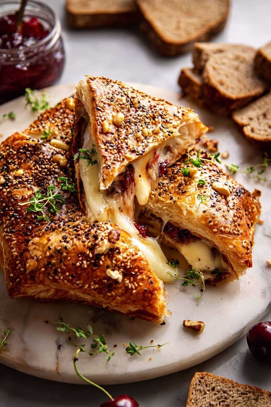 Prosciutto Baked Brie with Puff Pastry, baked brie appetizer, prosciutto wrapped cheese, holiday appetizer recipes, elegant holiday snacks - This image shows a golden puff pastry wrapped baked cheese, broken open to reveal layers inside. The outer layer is crispy and golden brown with small seeds sprinkled on top, decorated with small green herb leaves. Inside, the melted cheese is creamy pale yellow with stringy texture, and there are thin dark red slices of cured meat mixed with some whole nuts. The dish sits on a round white plate on a white marbled surface. Around the plate are slices of nut-studded dark grain bread and a small jar of deep red jam with a spoon, along with a few fresh cherries. photo taken with an iphone --ar 2:3 --v 7