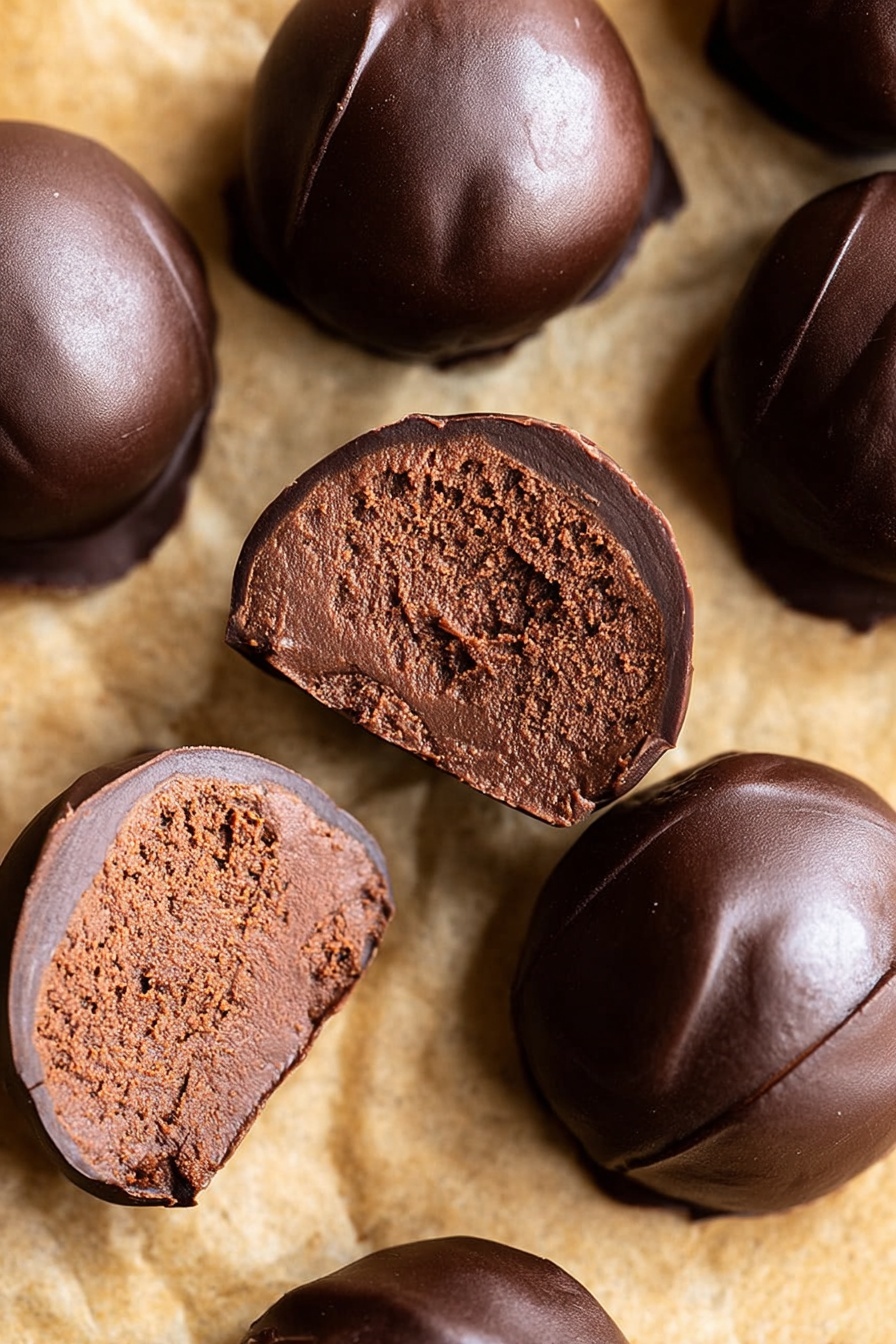 Healthy Chocolate Bean Snack Balls, chocolate bean snack balls, wholesome chocolate protein bites, healthy chocolate treats, quick healthy snack ideas - The image shows several round chocolate truffles placed on a light brown parchment-like surface. The truffles have a smooth, shiny dark chocolate outer layer with a rich and dense inner filling that has a lighter brown, slightly crumbly texture. Some truffles are whole and others are cut in half, revealing the thick inner layer which is almost as thick as the outer shell. The truffles are arranged closely together, showing their glossy finish and dense centers clearly. Photo taken with an iphone --ar 2:3 --v 7