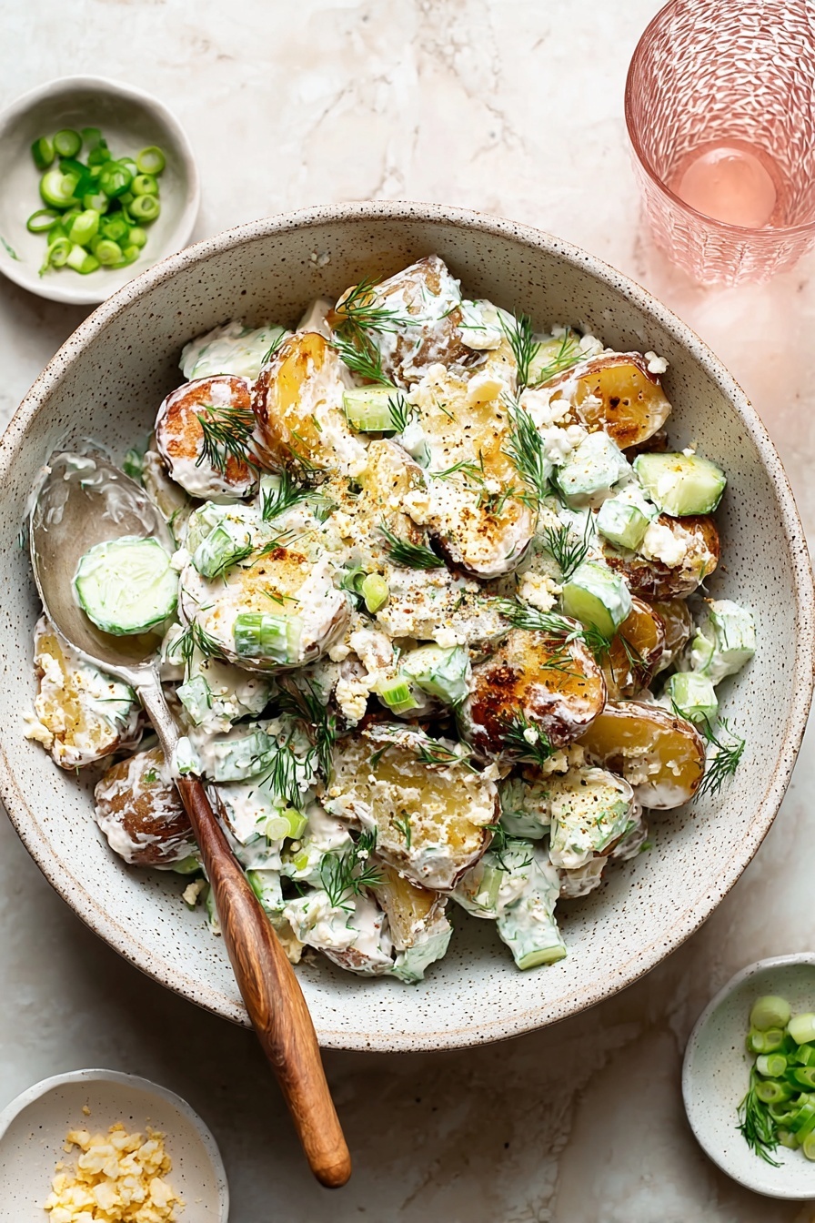 Smashed Potato Salad with Greek Yogurt Dressing, healthy potato salad, Greek yogurt potato side dish, easy smashed potato recipe, light summer potato salad - A white speckled bowl holds a creamy potato salad made with thick slices of crispy-skinned, golden brown roasted potatoes as the bottom layer, covered generously with a thick white sauce mixed with small green cucumber cubes, chopped fresh dill, and scallions, topped with small bits of crumbly white cheese and sprinkled black pepper; a spoon with a wooden handle rests inside the bowl, partially scooping the salad. Around the bowl, small white bowls with green onion pieces and crumbly cheese are placed on a white marbled surface, along with a clear textured glass of pink liquid. Photo taken with an iphone --ar 2:3 --v 7