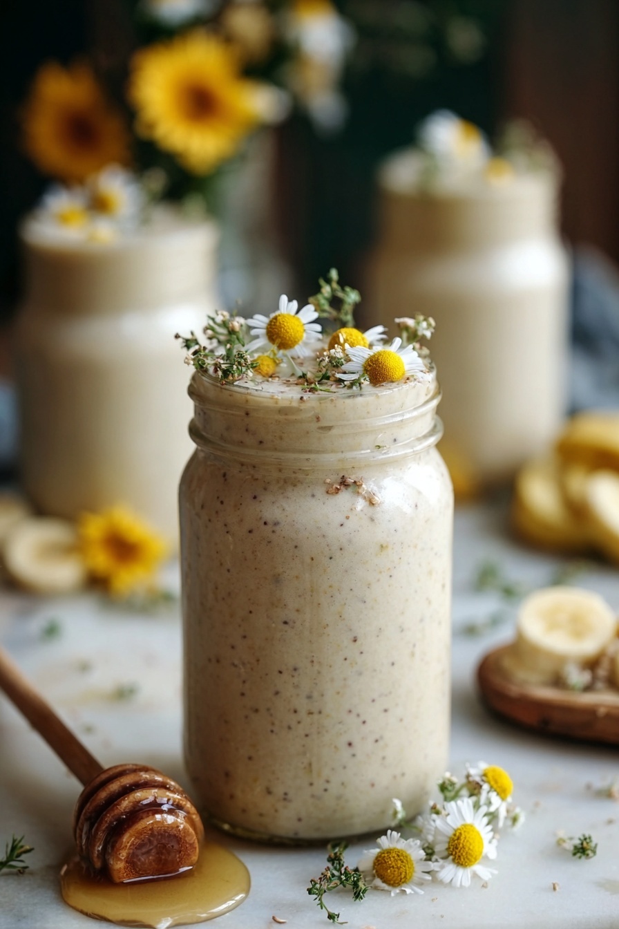 Banana Chamomile Tea Smoothie, soothing smoothie recipes, healthy banana smoothies, floral tea smoothies, relaxing breakfast drinks - A tall glass jar filled with a creamy beige smoothie with tiny dark specks. On top of the smoothie, there are small light yellow chamomile flowers and some green herbs placed as decoration. The jar sits on a white marbled surface surrounded by sliced bananas and more chamomile flowers scattered around. In the background, two similar jars filled with the same smoothie are slightly out of focus, also with flower decorations. There is a honey dipper with some honey next to the jar in the front. The overall look is soft and natural with warm, cozy lighting. photo taken with an iphone --ar 2:3 --v 7