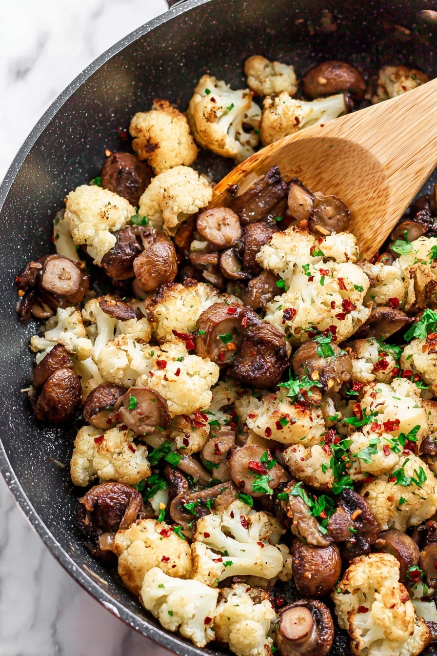 Mushroom Cauliflower Skillet, Mushroom Cauliflower Stir Fry, Easy Mushroom Cauliflower Side Dish, Healthy Mushroom Cauliflower Recipe, Quick Mushroom Cauliflower Meals - A close-up image of a black cooking pan filled with cooked cauliflower and whole brown mushrooms. The cauliflower pieces are light beige with crispy edges, mixed evenly with the dark brown mushrooms, all sprinkled with small red chili flakes and chopped green herbs on top. A wooden spoon with a light natural wood color is placed inside the pan, partially covered by the vegetables. The pan sits on a white marbled surface. photo taken with an iphone --ar 2:3 --v 7