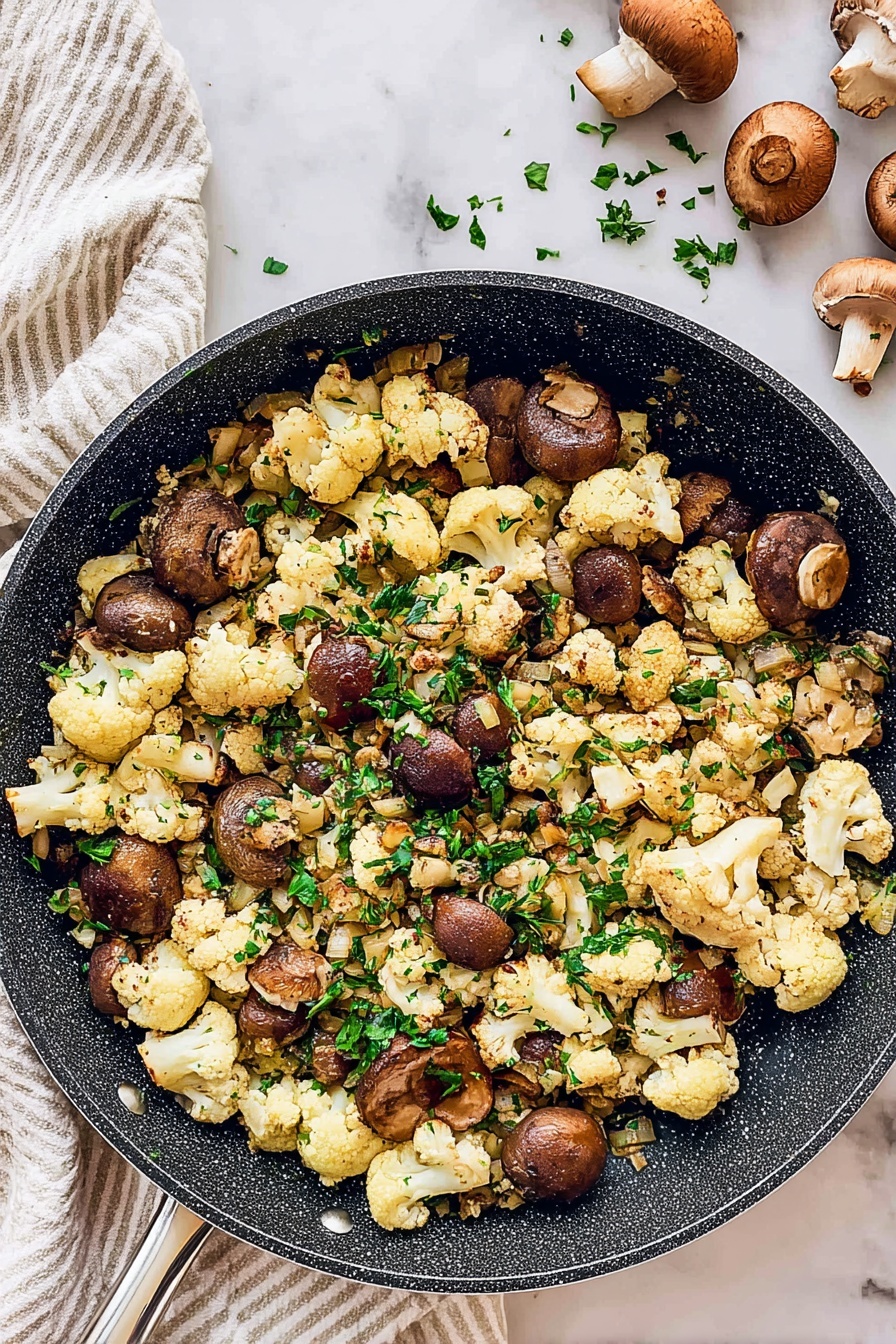 Mushroom Cauliflower Skillet, Mushroom Cauliflower Stir Fry, Easy Mushroom Cauliflower Side Dish, Healthy Mushroom Cauliflower Recipe, Quick Mushroom Cauliflower Meals - A pan filled with cooked cauliflower and whole brown mushrooms mixed with small pieces of light golden onions and sprinkled with fresh green chopped herbs, showing a mix of light cream, brown, and green colors evenly spread throughout the dark pan, all placed on a white marbled surface with a white and beige striped cloth nearby and some mushrooms and green herbs scattered around, photo taken with an iphone --ar 2:3 --v 7