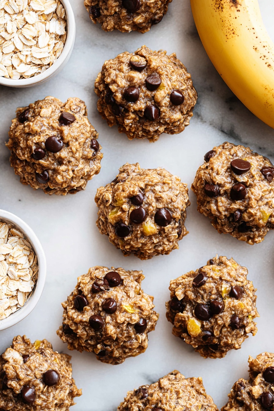 Banana Oatmeal Cookies, healthy banana cookies, easy oatmeal cookies, wholesome snack recipes, naturally sweetened cookies - This image shows about twelve round oatmeal cookies with chocolate chips and bits of yellow banana mixed in. The cookies have a rough, chunky texture with visible oats and dark brown chocolate chips spread unevenly on their surfaces. They are placed directly on a flat white marbled surface, arranged loosely with some gaps between them. On the top right corner, there is a ripe banana with brown spots resting on the surface. On the bottom left, a small white dish filled with dry rolled oats is partially visible. The lighting is bright and natural, highlighting the texture of the cookies and the banana skin. photo taken with an iphone --ar 2:3 --v 7
