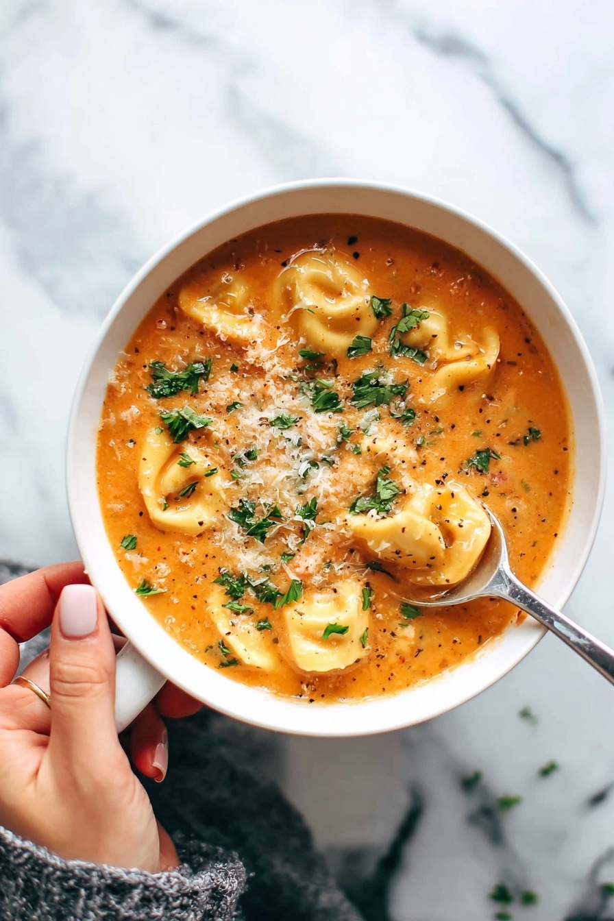 Creamy Tortellini Soup with Italian Sausage, Italian sausage tortellini soup, creamy Italian sausage soup recipe, hearty tortellini soup, easy sausage tortellini dinner - A white bowl filled with thick orange soup that has visible small pieces of tortellini pasta, vegetables and herbs mixed in, topped with a light sprinkle of grated cheese and chopped green parsley. A woman's hand is holding the bowl's handle from the left side, and another woman's hand is holding a silver spoon dipping into the soup from the bottom right. The background shows a white marbled texture. photo taken with an iphone --ar 2:3 --v 7