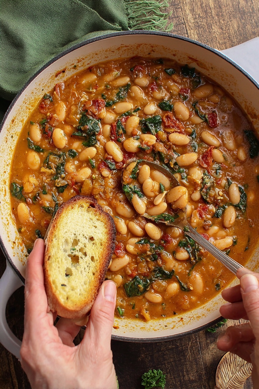 Vegan Butter Bean, vegan butter bean dish, plant-based butter beans, creamy vegan beans, savory vegan bean recipe - The image shows a white pan filled with a rich, orange-brown stew with large white beans and pieces of green leafy herbs spread throughout. There are bits of red tomato and finely chopped onions mixed in, adding texture and color. A woman's left hand is holding a small piece of toasted bread inside the pan, while her right hand uses a spoon to scoop some beans and stew onto the bread. The background surface is a wooden texture with a green cloth partially visible in the top left corner. photo taken with an iphone --ar 2:3 --v 7