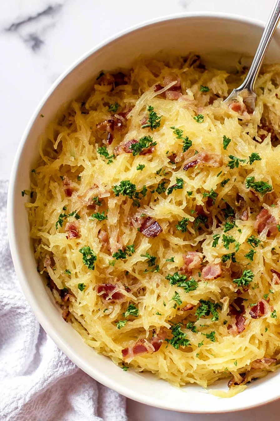 Spaghetti Squash Carbonara, healthy vegetable pasta, low-carb pasta recipes, cozy weeknight dinners, light Italian pasta dishes - The image shows a close-up of creamy spaghetti squash in a round white bowl with a gray rim. The dish has soft, stringy yellow spaghetti squash strands mixed with small pieces of pinkish-brown bacon and bits of green herbs sprinkled on top. A fork is lifting a bundle of the spaghetti squash, showing the stringy texture and a little shine from the sauce. The bowl is placed on a white marbled surface. The lighting is bright and natural, making the colors and textures clear. photo taken with an iphone --ar 2:3 --v 7