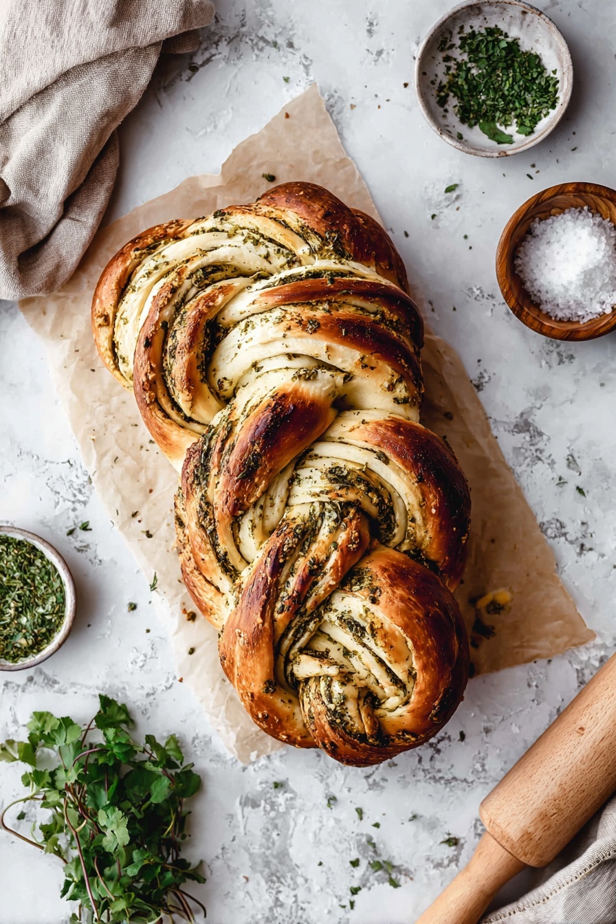 Vegan Garlic Herb Bread, vegan garlic bread, homemade garlic herb bread, plant-based garlic bread, best vegan garlic bread - The image shows a twisted loaf of herb bread with several layers visibly intertwined, each layer having a golden brown crust and a soft white inside mixed with green herbs and spices scattered throughout. It sits on a piece of baking paper on top of a white marbled surface. Around it, there are small bowls filled with green herbs and coarse salt, a wooden rolling pin wrapped in a beige cloth, and some fresh green herb leaves scattered on the surface. photo taken with an iphone --ar 2:3 --v 7
