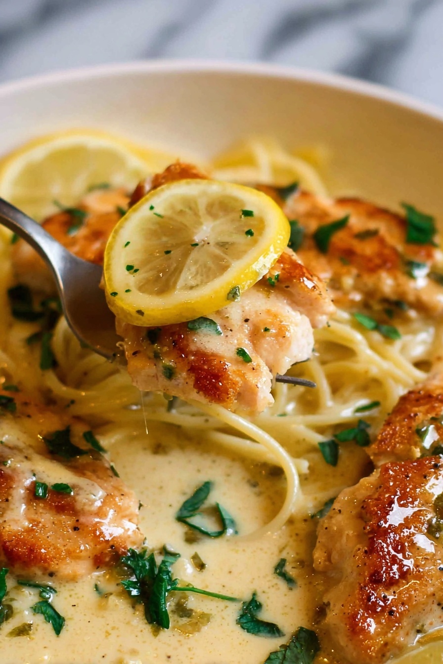 Creamy Lemon Chicken Breast, lemon chicken with creamy sauce, easy lemon chicken recipe, crispy chicken with lemon sauce, quick lemon chicken dinner - The image shows a pan with five browned chicken pieces in a thick, pale yellow creamy sauce with small green herb bits mixed in. Each chicken piece is topped with a thin lemon slice, showing a bright yellow color and juicy texture. The chicken looks soft and slightly shiny from the sauce, with crispy edges visible. A silver spoon lies in the sauce towards the top side, partially covered with the creamy mixture and herbs. In the background, there is a white bowl filled with chopped green herbs, placed on a white marbled surface, and a beige cloth nearby. The lighting is soft and natural. photo taken with an iphone --ar 2:3 --v 7