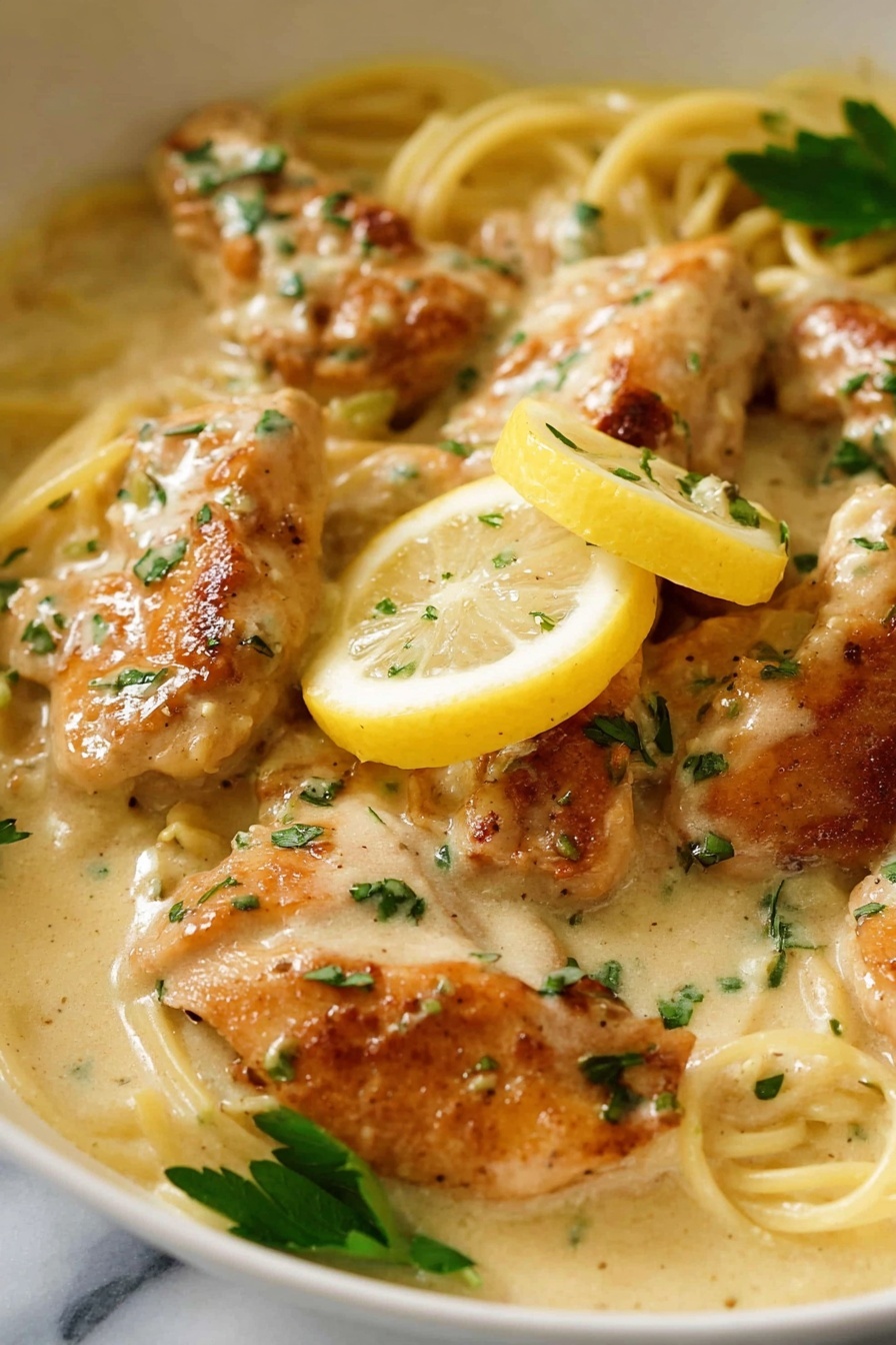 Creamy Lemon Chicken Breast, lemon chicken with creamy sauce, easy lemon chicken recipe, crispy chicken with lemon sauce, quick lemon chicken dinner - The image shows several pieces of golden brown cooked fish fillets arranged closely together on a white plate. Each fillet is covered with a creamy light yellow sauce that has small green herb bits sprinkled on top. Thin lemon slices with bright yellow rinds and translucent pale yellow interiors are placed over and around the fish. The sauce pools around the fillets on the plate, giving a smooth and shiny texture. The background is a white marbled surface. photo taken with an iphone --ar 2:3 --v 7