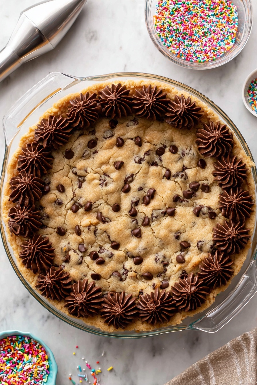 Chocolate Chip Cookie Cake, Cookie Cake Recipe, Easy Cookie Cake, Ultimate Cookie Cake, Chocolate Chip Dessert - The image shows a round chocolate chip cookie cake in a clear glass pie dish with two handles. The cookie cake has a light golden-brown color with chocolate chips spread evenly across the surface. Around the edge, there is a ring of dark chocolate frosting piped in swirled dollops, adding texture and contrast. The cookie cake sits on a white marbled surface with a small bowl of colorful round sprinkles placed above it, and a piping bag with a metal tip near the lower left corner. A woman's hand is not visible but implied by the presence of the piping bag. photo taken with an iphone --ar 2:3 --v 7
