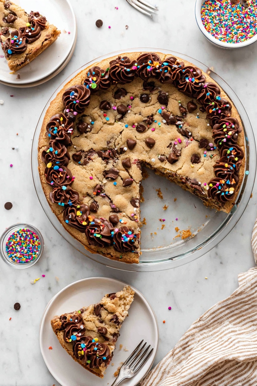 Chocolate Chip Cookie Cake, Cookie Cake Recipe, Easy Cookie Cake, Ultimate Cookie Cake, Chocolate Chip Dessert - A round chocolate chip cookie cake with a golden brown color sits in a clear glass pie dish on a white marbled surface. The cookie cake has visible chocolate chips scattered on top and is decorated with swirls of rich, dark chocolate frosting around the edge, each swirl dotted with small, colorful round sprinkles. A slice is missing from the cookie cake, and that slice is placed on a white plate nearby, showing the soft, slightly crumbly texture inside with chocolate chips. The slice is also decorated with chocolate frosting swirls and sprinkles on the edge. A fork with a small bite of cookie rests on the plate. There is a small bowl of colorful sprinkles near the top left and a woman's hand holding a small plate with another slice in the upper left corner. A beige and white striped cloth is partly visible in the lower right corner of the image. Photo taken with an iphone --ar 2:3 --v 7