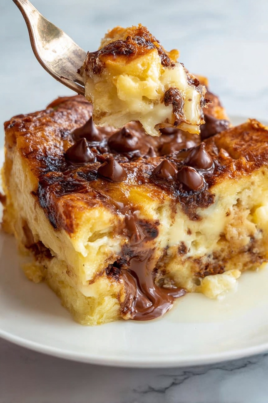 Chocolate Croissant Breakfast Bake, decadent brunch ideas, egg and croissant casserole, chocolate breakfast casserole, easy brunch recipes - A thick, square piece of golden baked bread pudding with visible layers of soft, slightly spongy bread soaked in a creamy custard sits on a white plate with a white marbled surface underneath. The top layer is covered unevenly with melted chocolate chips that are melted and shiny, some still holding their shape. A fork lifts a bite-sized piece from the front, showing a gooey chocolate layer inside and the soft, textured bread underneath. The overall look is warm, rich, and inviting. photo taken with an iphone --ar 2:3 --v 7