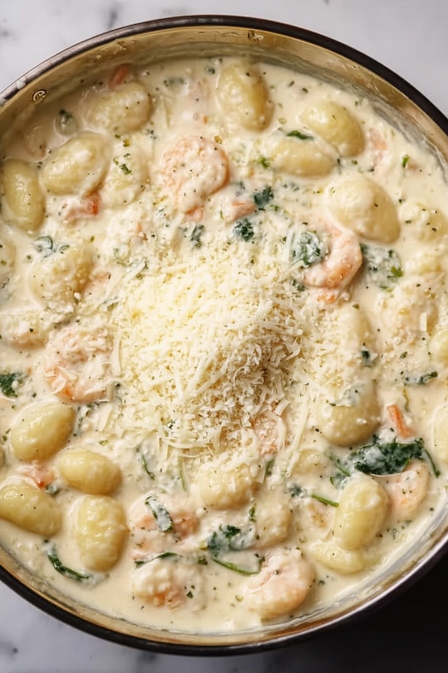 Creamy Chicken Gnocchi Skillet, creamy chicken gnocchi, easy chicken gnocchi dinner, quick one-pan chicken pasta, comforting skillet recipes - A close-up of a glass bowl filled with creamy gnocchi pasta covered in a thick white sauce mixed with small pieces of shrimp and green herbs, topped with a layer of finely grated cheese in the center. The sauce looks smooth and rich, with the gnocchi soft and rounded, evenly spread throughout the bowl. The bowl sits on a white marbled surface, and the shot captures the dish from above, showing the creamy texture and details of the ingredients. Photo taken with an iphone --ar 2:3 --v 7