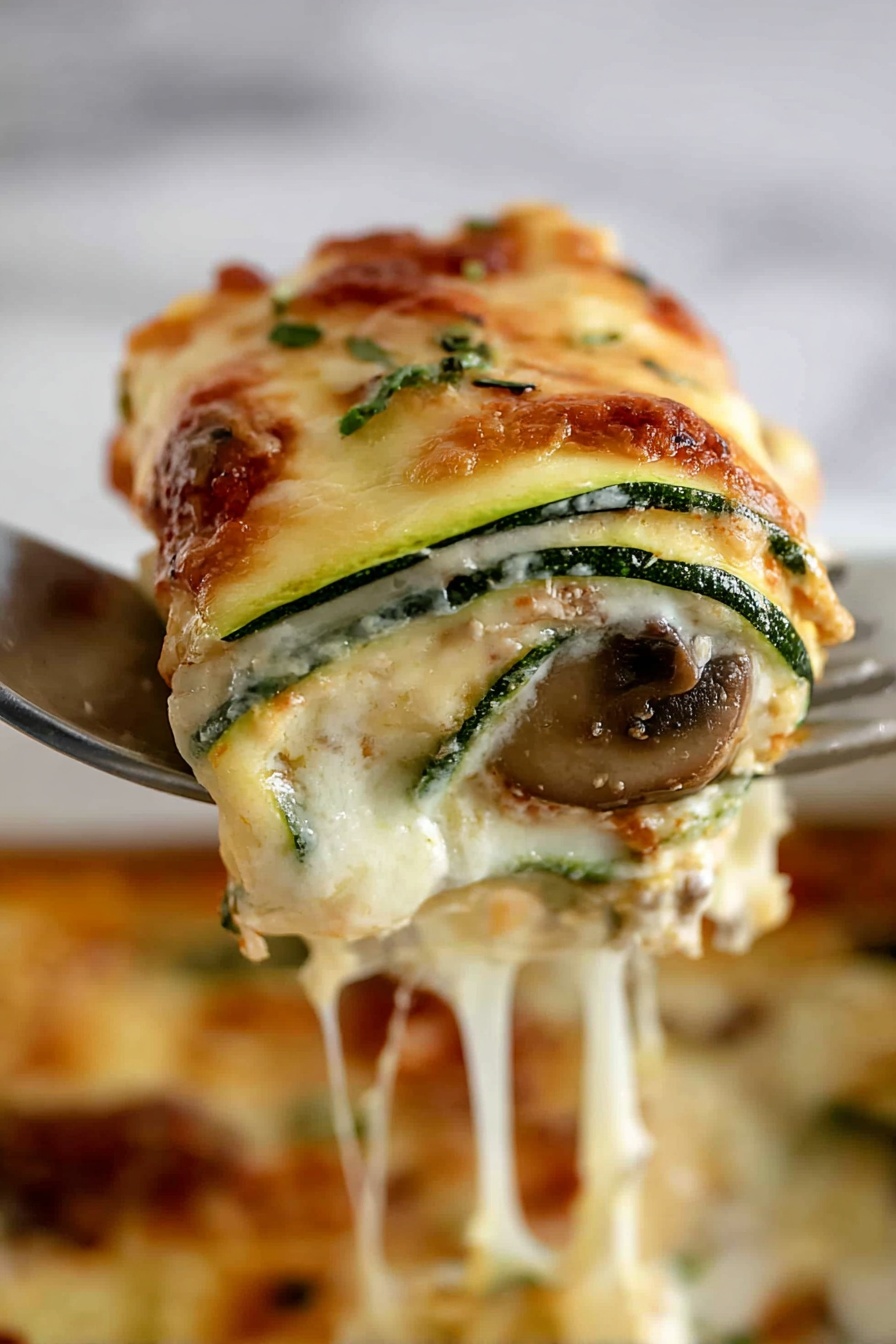 Cheesy Zucchini Rollatini with Italian Sausage, Italian zucchini rollatini, cheesy zucchini stuffed rolls, Italian sausage appetizer, easy zucchini dinner - A close-up of a fork holding a rolled slice of zucchini lasagna. The lasagna has multiple thin layers, starting with a green zucchini outer layer, followed by a thick creamy white cheese layer, and a middle layer with a small piece of cooked mushroom. The top is covered with melted cheese that has a golden brown, slightly crispy texture. Melted cheese strands stretch from the fork to the white marbled surface below, where more of the cheesy dish is visible blurred in the background. photo taken with an iphone --ar 2:3 --v 7
