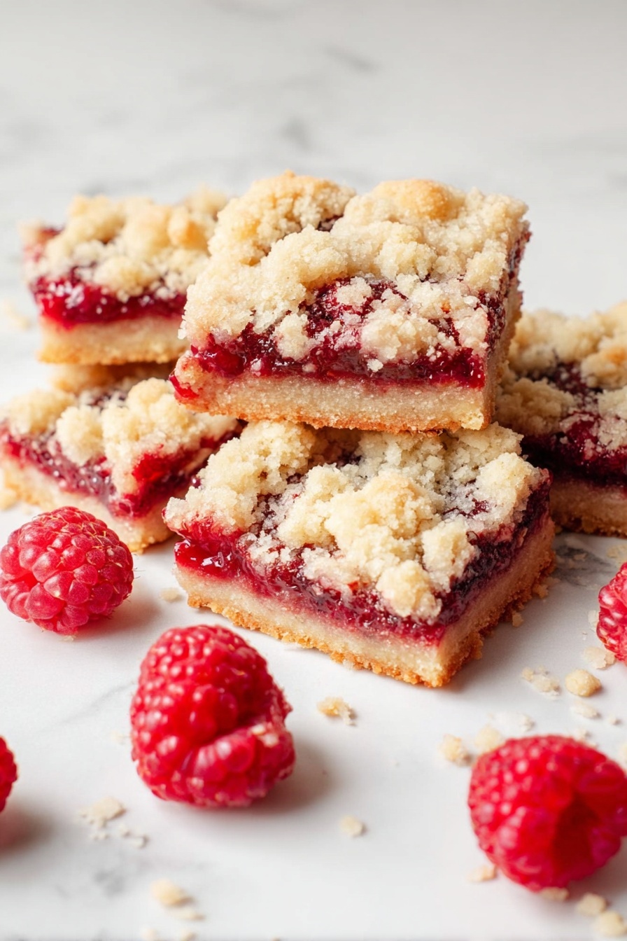 Raspberry Jam Bars, Five Ingredient Dessert, Easy Raspberry Bars, Simple Jam Bars, No-Bake Raspberry Treats - The image shows five square raspberry crumble bars on a white marbled surface, each bar with three visible layers: a firm light golden base, a bright red raspberry jam layer in the middle, and a crumbly pale beige topping with uneven small crumbles covering the top. Scattered around the bars are fresh whole raspberries, bright red with textured surfaces. The bars and raspberries are well lit, showing their textures clearly. photo taken with an iphone --ar 2:3 --v 7