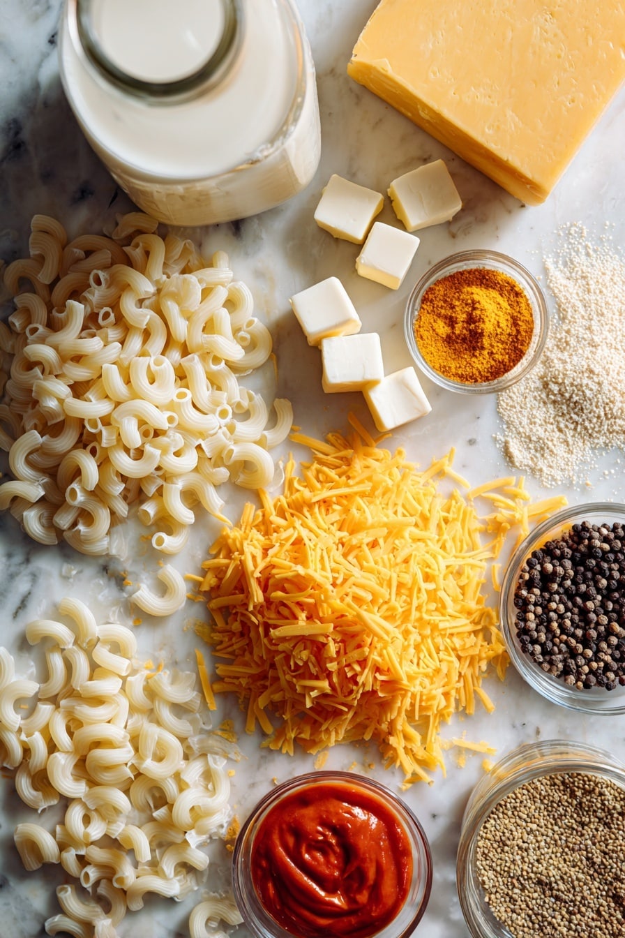 Crock Pot Mac and Cheese, easy slow cooker mac and cheese, creamy crock pot pasta, cheesy slow cooker dinner, comforting mac and cheese recipe - Flat lay of uncooked white macaroni pasta scattered next to smooth blocks and small cubes of creamy white cream cheese and soft yellow butter pieces, a generous pile of shredded bright orange cheddar cheese showing its fine texture, a small puddle of rich red-orange sriracha sauce, a few dried mustard seeds and ground mustard powder with a warm yellow tone, and a couple of black peppercorns adding a dark contrast, all beautifully arranged with a glass jar of creamy off-white evaporated milk and a clear bottle of golden chicken broth in the background, placed on white marbled surface, photo taken with an iphone --ar 2:3 --v 7