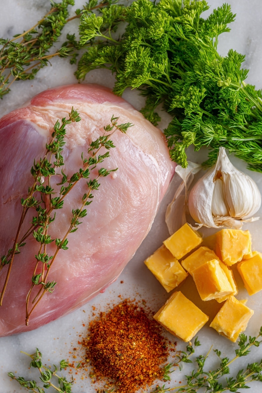 Cajun Butter Smoked Turkey Breast, smoked turkey breast recipe, Cajun turkey marinade, smoky turkey breast, how to smoke turkey breast - Flat lay of a plump, raw boneless turkey breast with smooth pale pink skin, vibrant green fresh parsley leaves scattered alongside sprigs of bright green fresh dill and thyme, two garlic cloves with papery white skins and slightly crushed texture, a small mound of deep reddish-brown Cajun seasoning powder with hints of orange and rusty tones, and glossy golden cubes of salted butter, all naturally arranged in a rustic yet elegant way, placed on white marbled surface, photo taken with an iphone --ar 2:3 --v 7